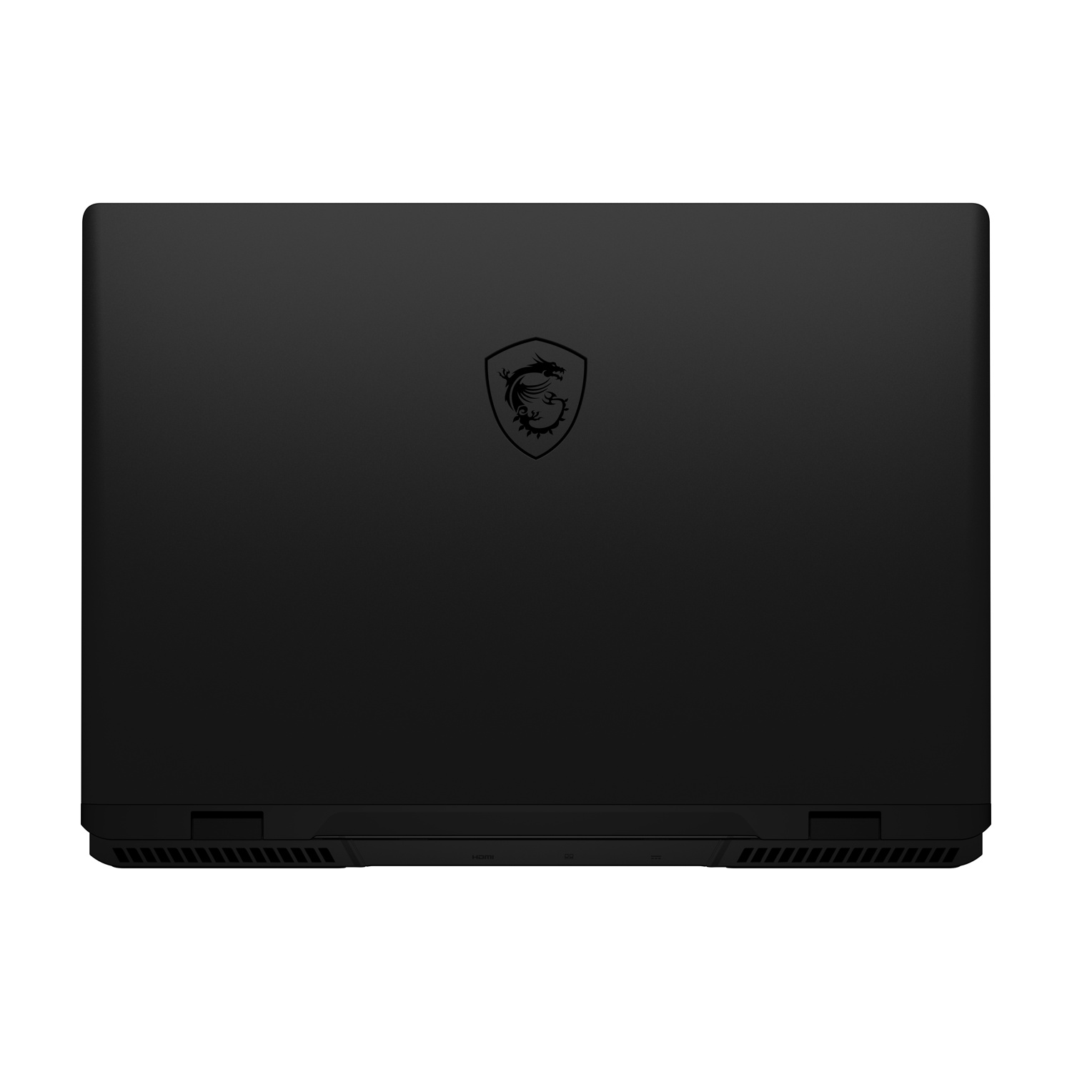 Laptop nero, vista posteriore, chiuso, con logo. Isolato su sfondo bianco.