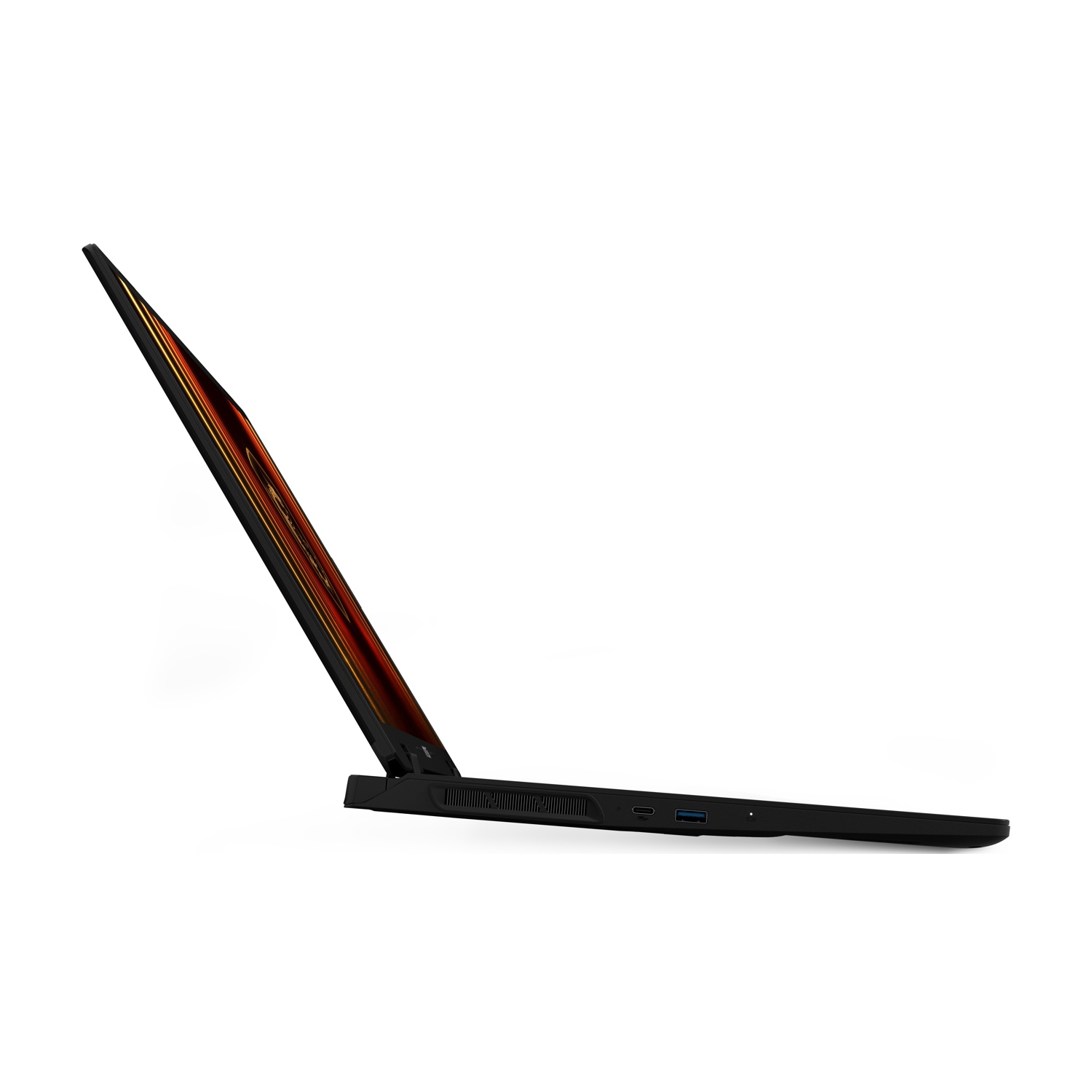 Laptop nero, vista laterale angolata, schermo illuminato di arancione e rosso. Sfondo bianco.