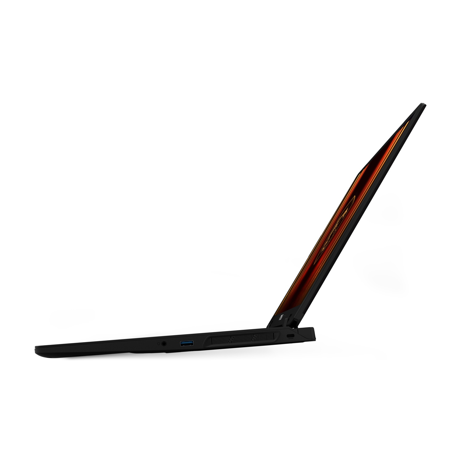 Laptop nero, vista laterale angolata, schermo illuminato di arancione e rosso. Sfondo bianco.