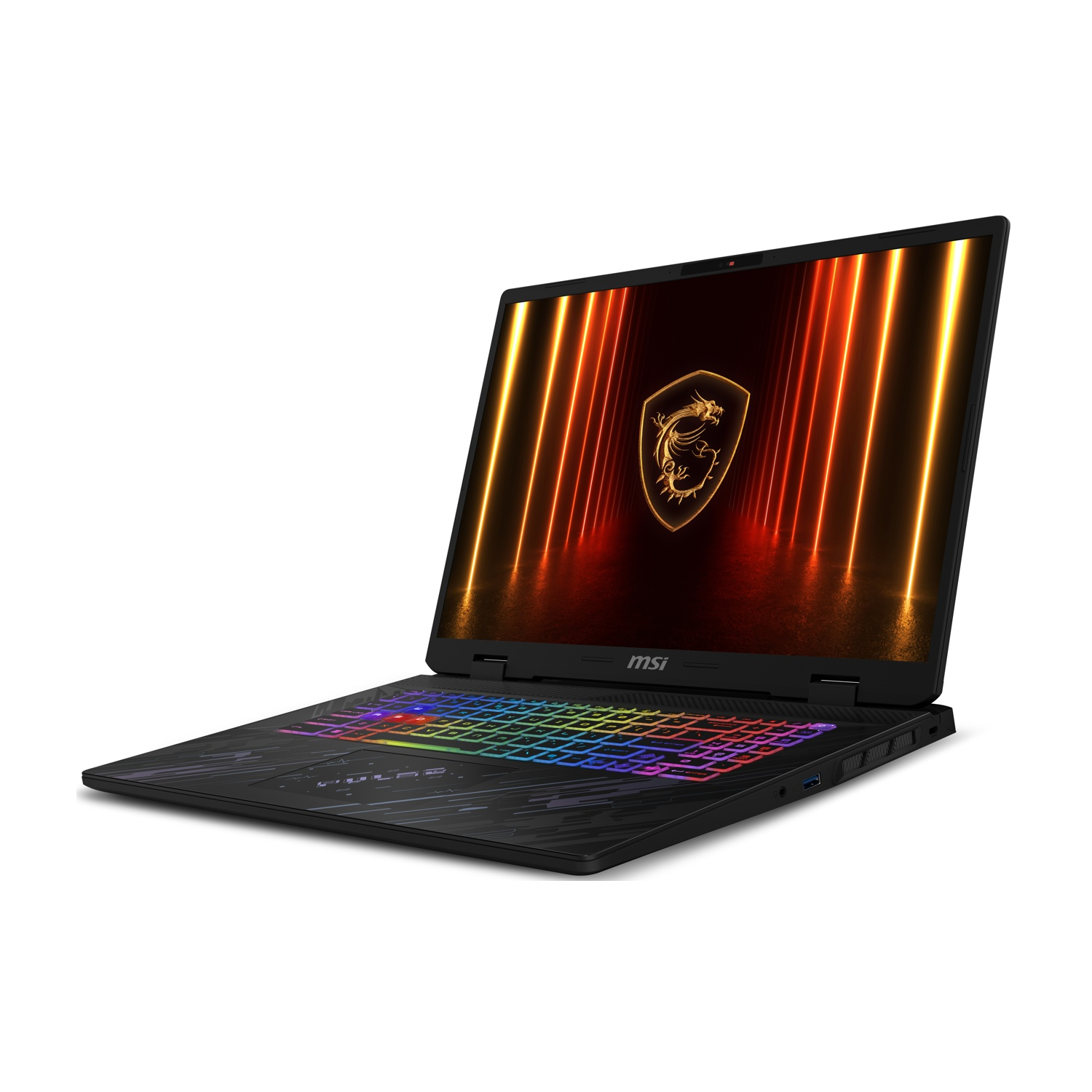 Laptop nero, aperto, angolato, schermo con logo e tastiera RGB. Sfondo bianco.