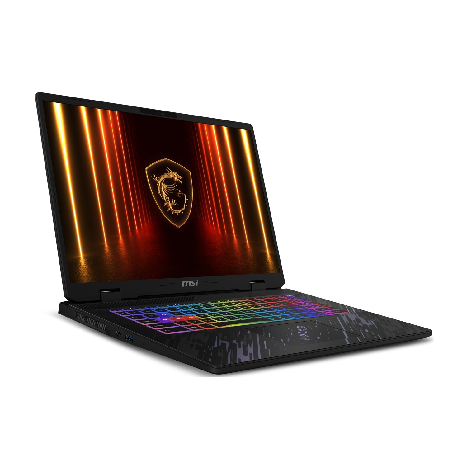 Laptop nero, aperto, angolato, che mostra schermo e tastiera RGB. Sfondo bianco.