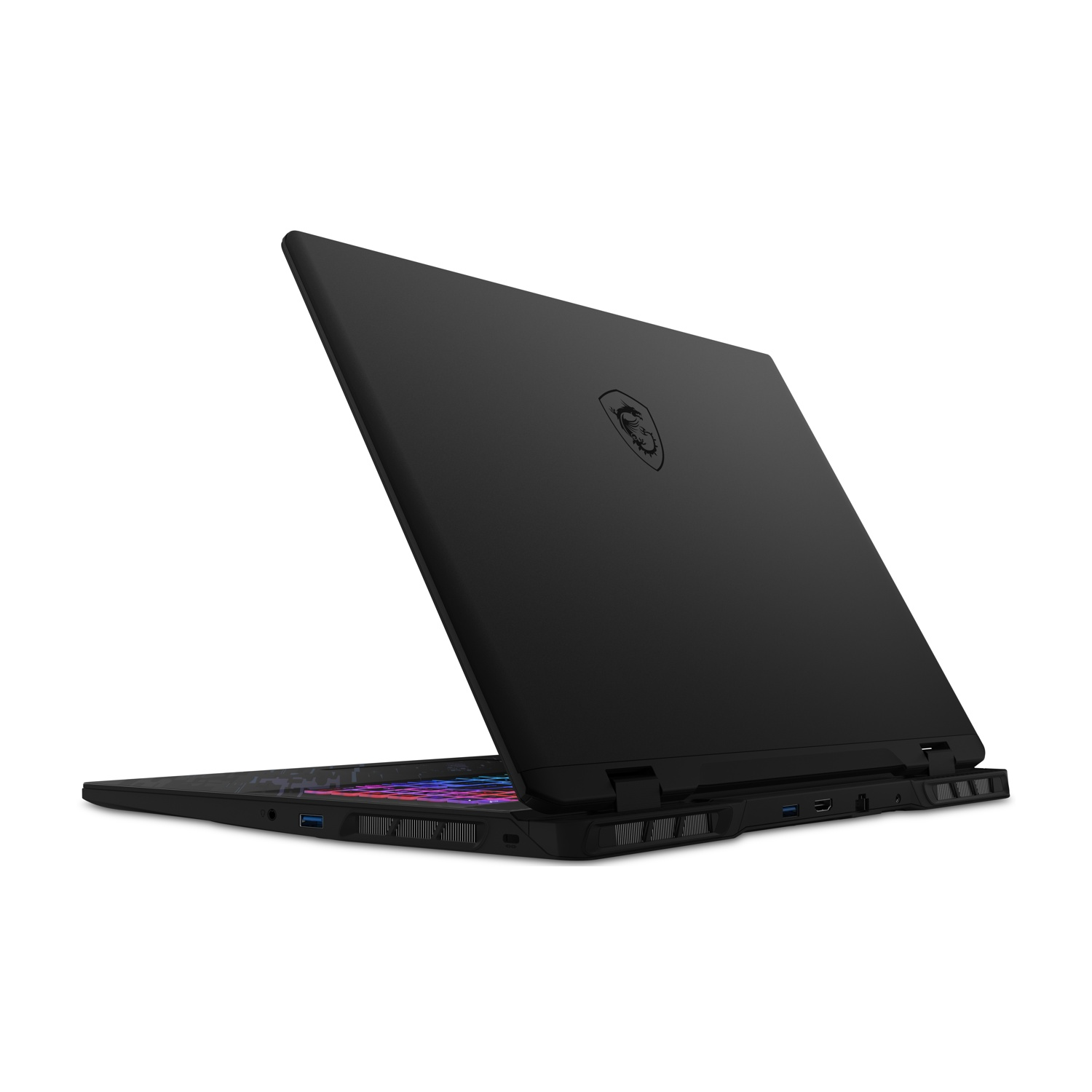 Laptop nero, chiuso, vista posteriore, con logo. Sfondo bianco, angolato.