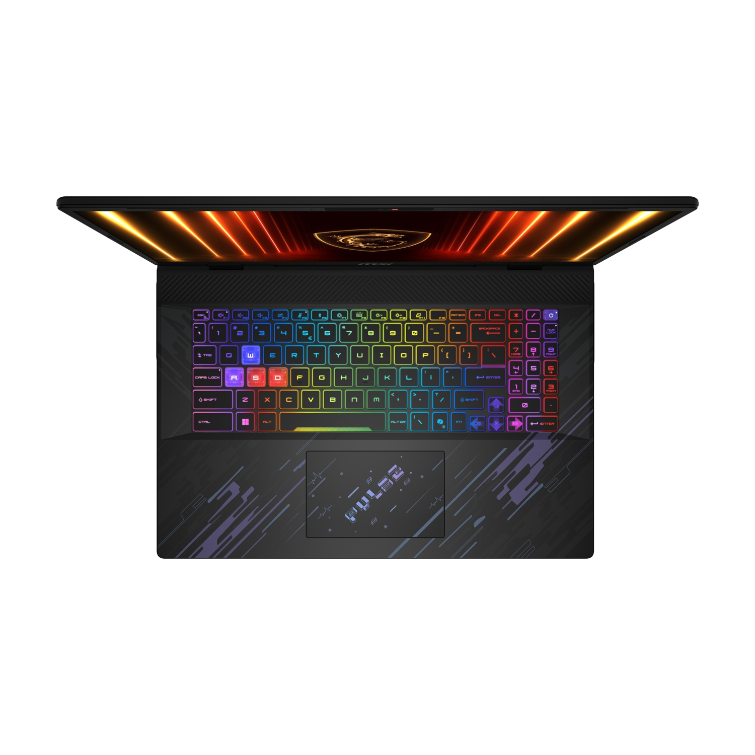 Laptop, vista dall'alto, aperto. Tastiera illuminata con vari colori. Schermo mostra luci arancioni e rosse.