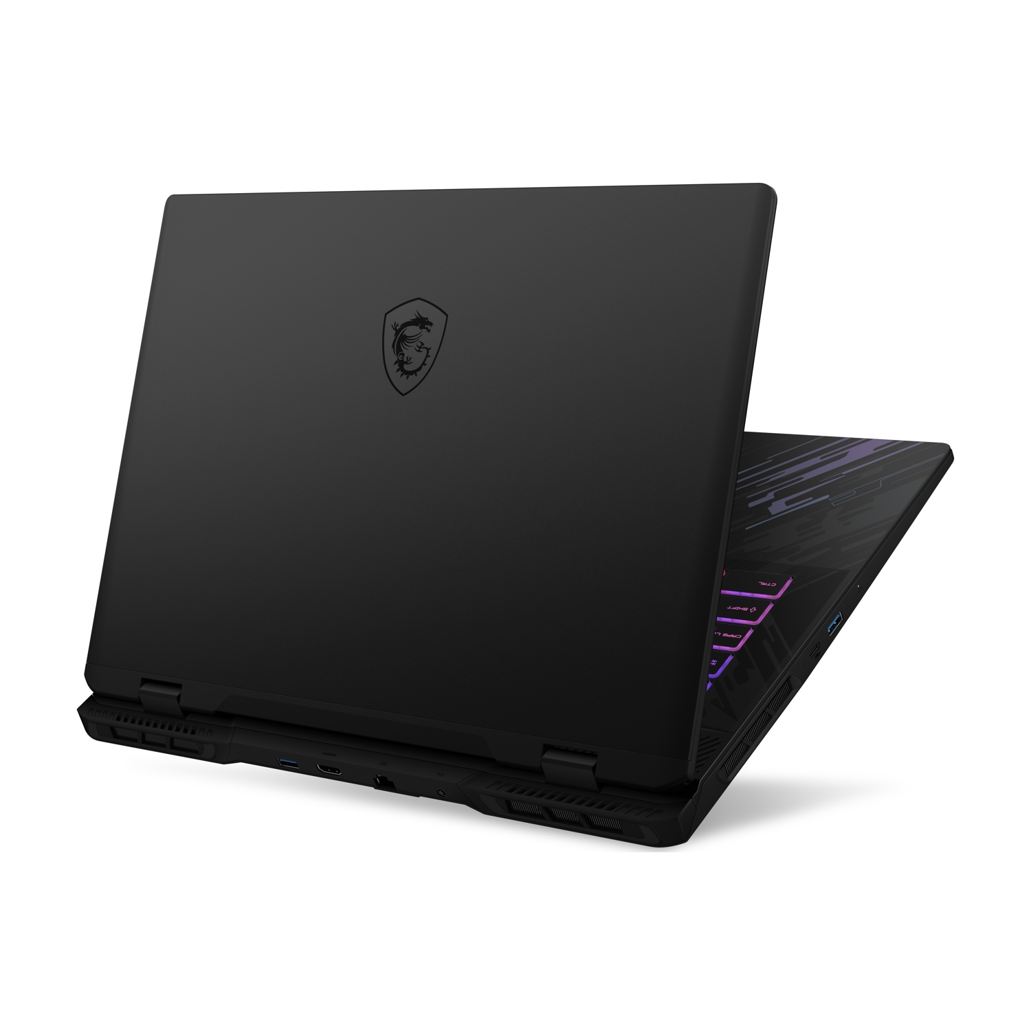 Laptop nero, chiuso, vista angolata. Logo MSI sul coperchio. La tastiera è parzialmente visibile.