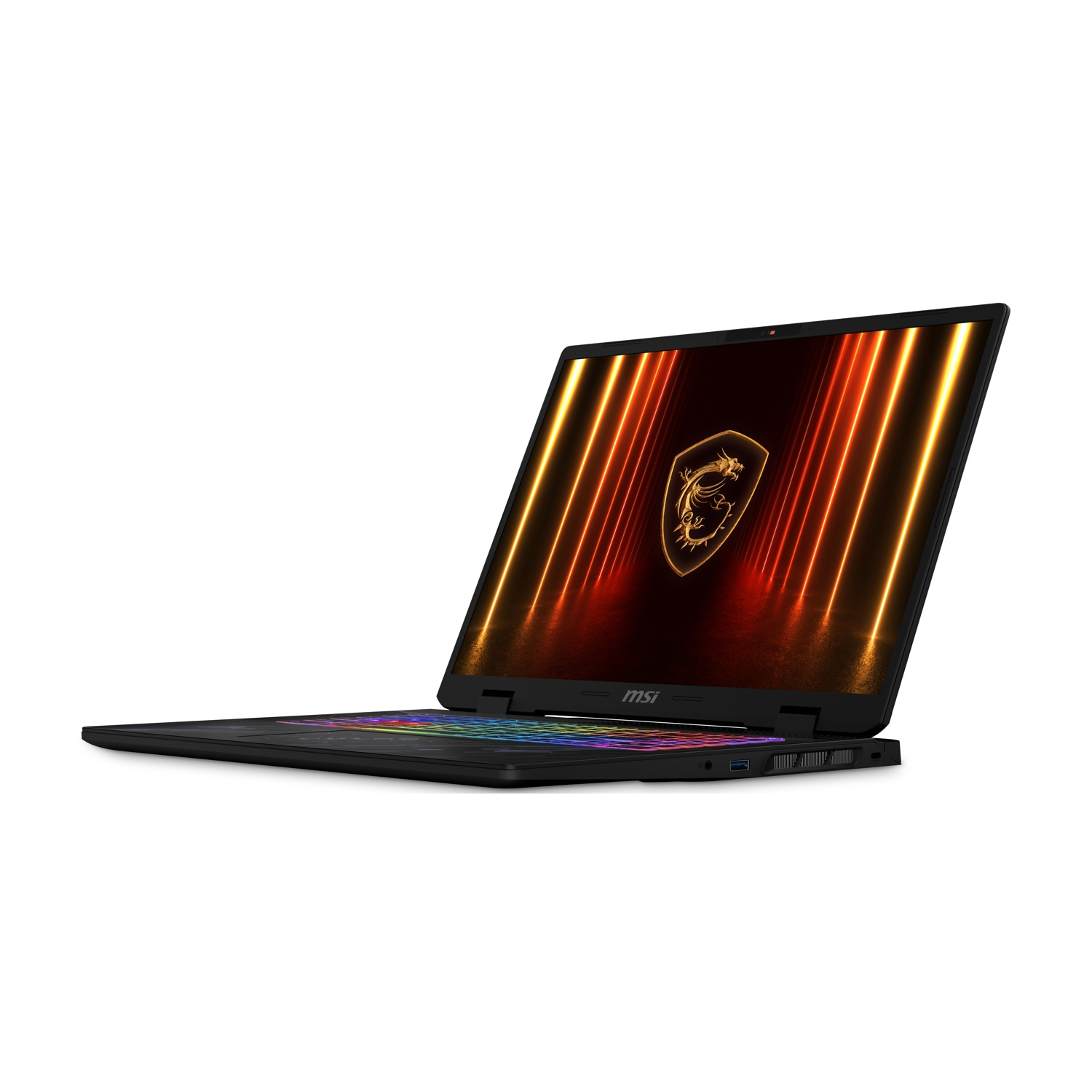 Laptop nero, aperto, vista angolata. Schermo mostra luci arancioni e rosse, logo MSI. Tastiera visibile.
