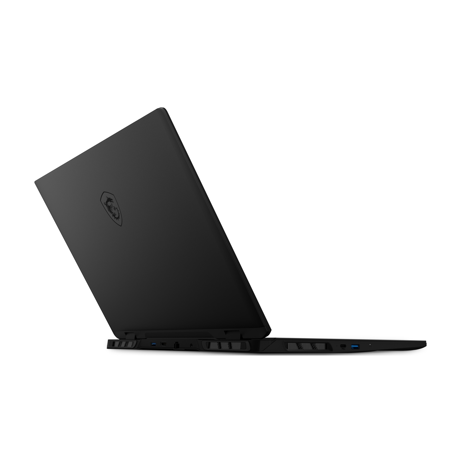 Laptop nero, chiuso, vista angolata. Logo MSI sul coperchio. Vista laterale mostra le porte.