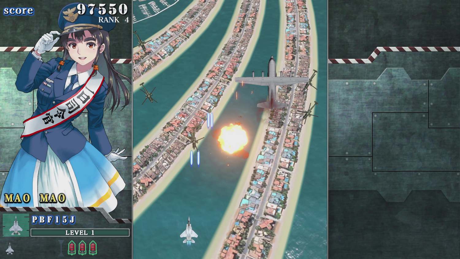 Un juego de arcade retro con una chica piloto. El juego muestra un avión disparando sobre una ciudad.