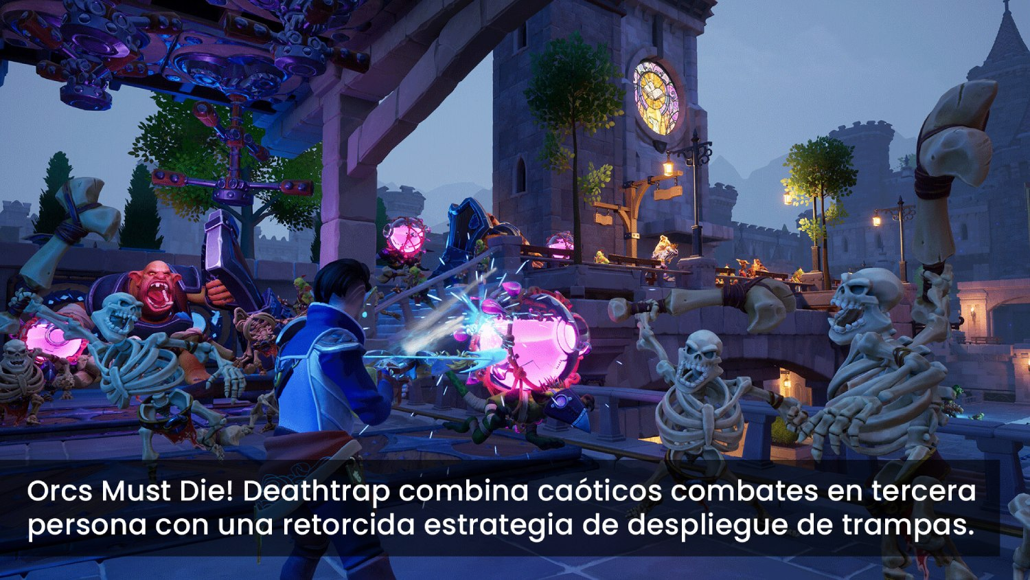 Escena del juego: Orcs Must Die! Deathrap, con personajes luchando contra esqueletos en un entorno de fantasía.