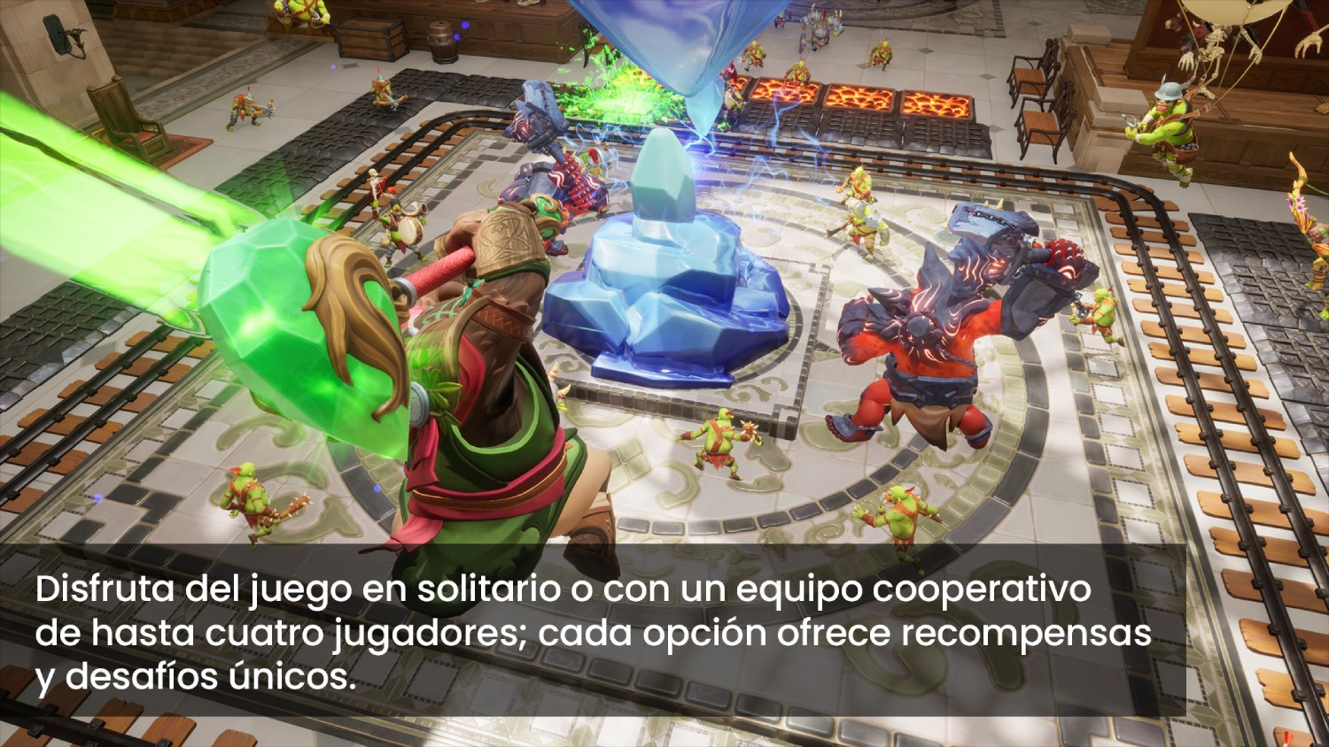 Escena del juego: Jugadores luchando en un entorno de fantasía colorido con diversos personajes y enemigos.