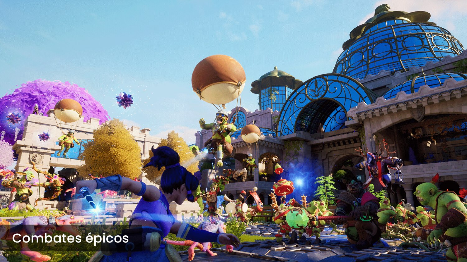 Escena del juego: Personajes volando sobre una ciudad de fantasía, luchando contra enemigos en un entorno vibrante y colorido.