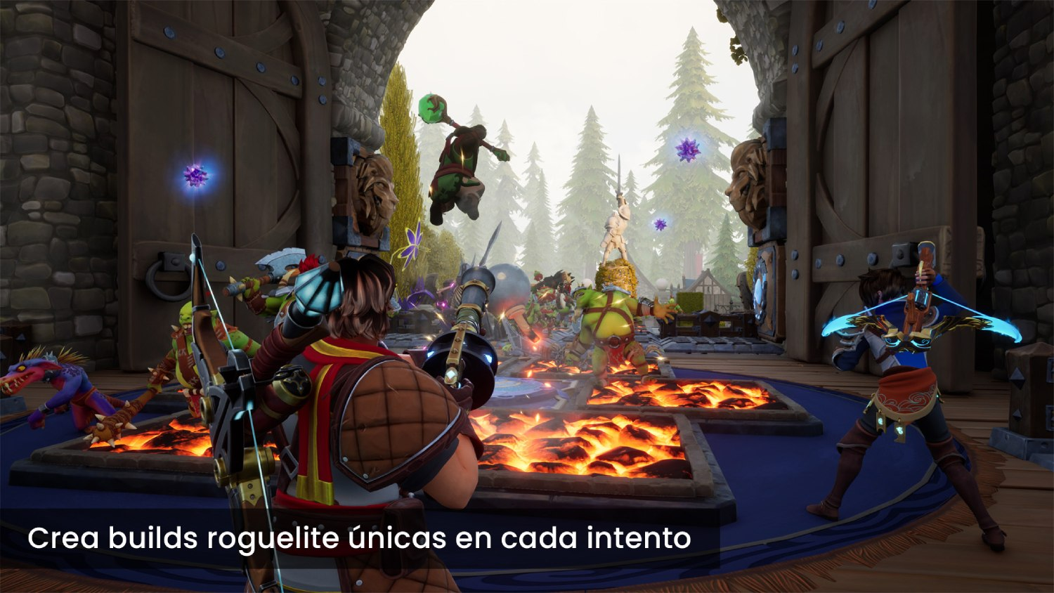 Escena del juego: Personajes en un entorno de fantasía, luchando contra enemigos con varias armas y habilidades.