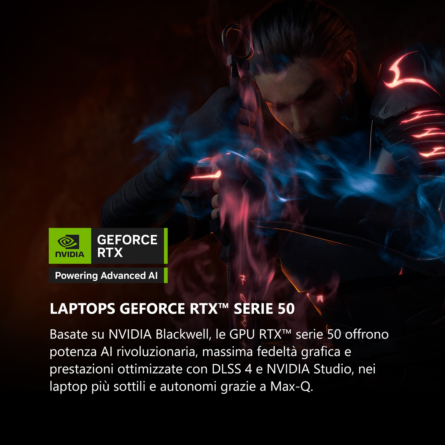 Immagine con testo: Laptops GeForce RTX Serie 50. Loghi Nvidia e GeForce RTX. Sfondo astratto.