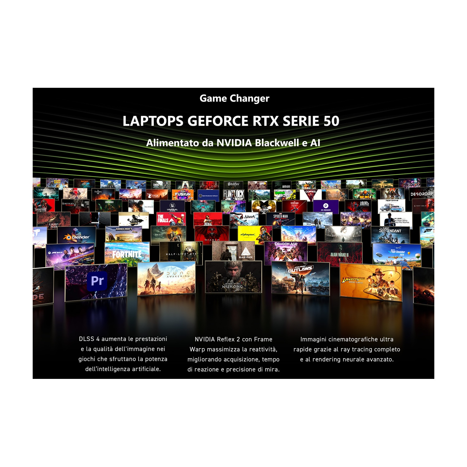 Testo Game Changer con loghi di giochi. Testo Nvidia Blackwell e AI. Vari screenshot di giochi.