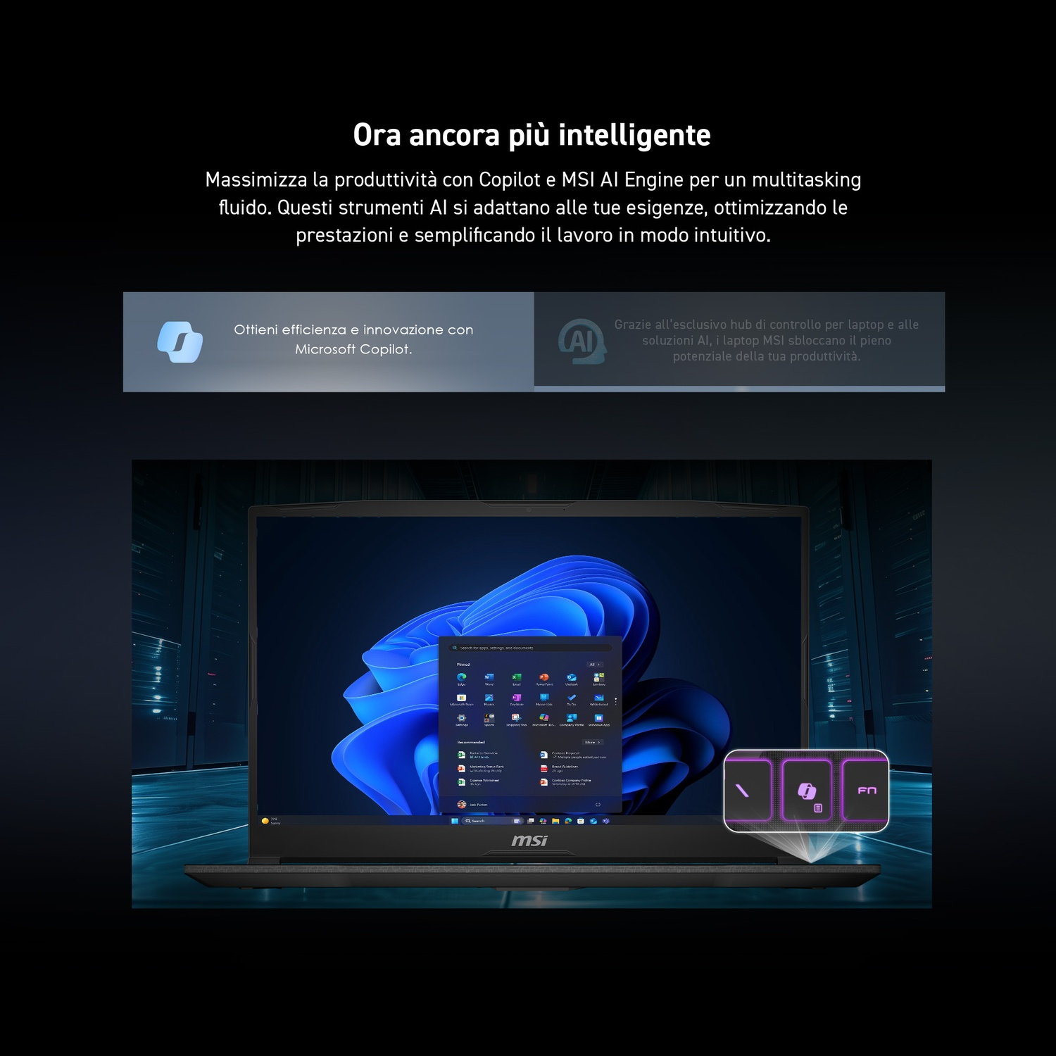 Laptop su una scrivania. Schermo mostra Windows con app. Testo e loghi. Sfondo scuro.