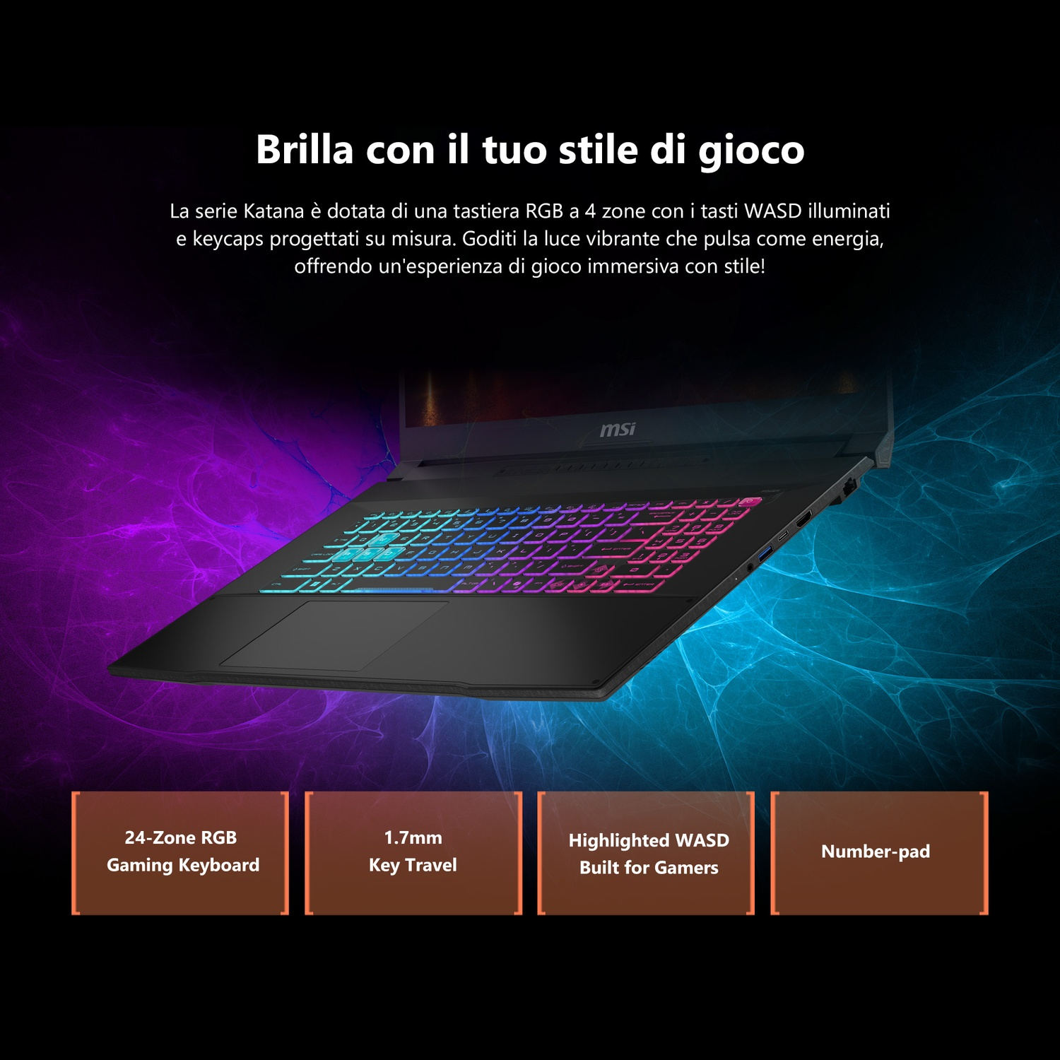 Tastiera del laptop, con illuminazione RGB. Testo: RGB a 24 zone, corsa dei tasti di 1,7 mm, WASD evidenziato.
