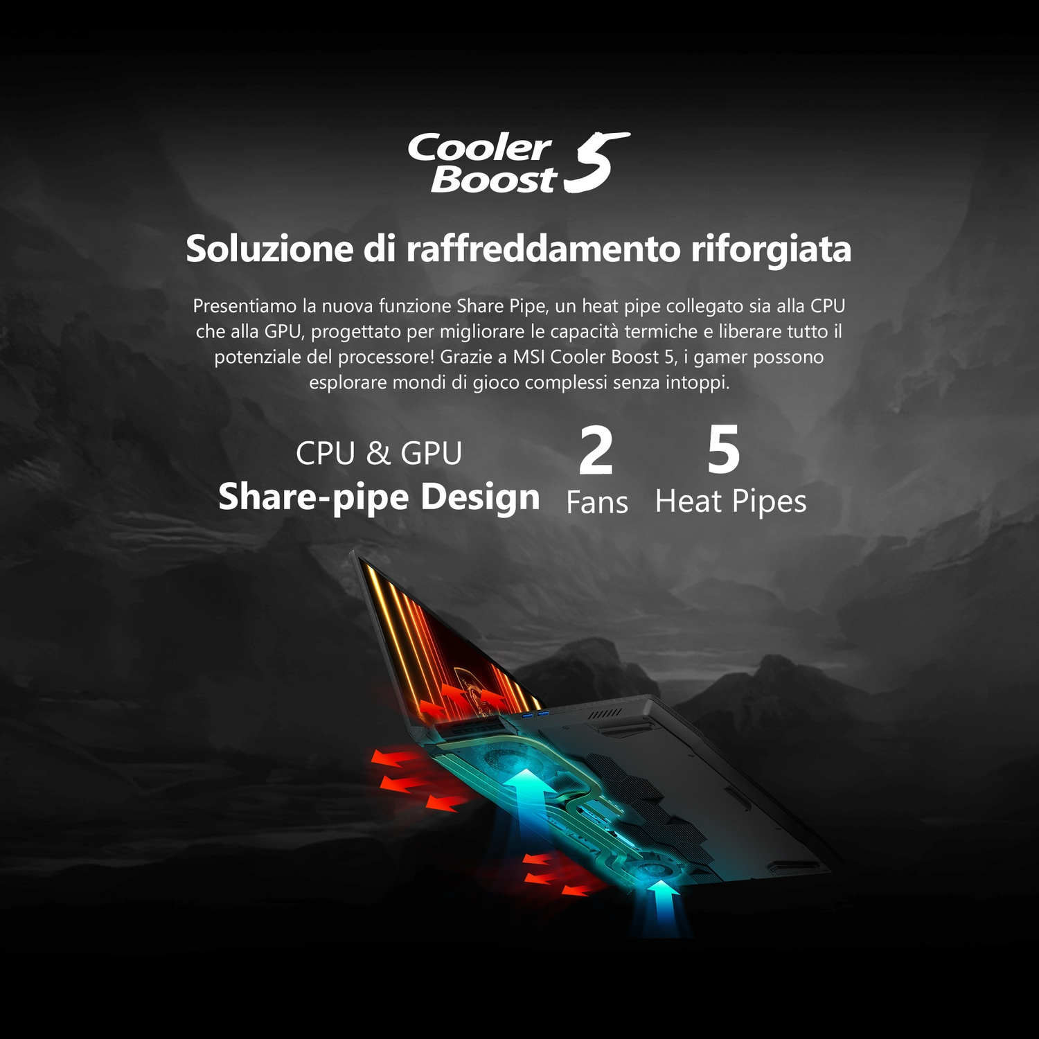 Laptop con grafica del sistema di raffreddamento. Testo: Cooler Boost 5. CPU e GPU con design a tubo condiviso.