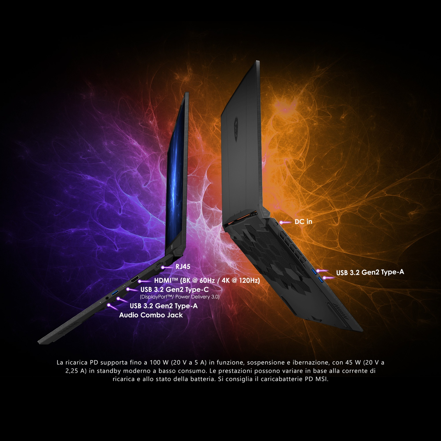 Laptop nero con porte etichettate. Display blu. Sfondo con gradienti viola e arancioni.