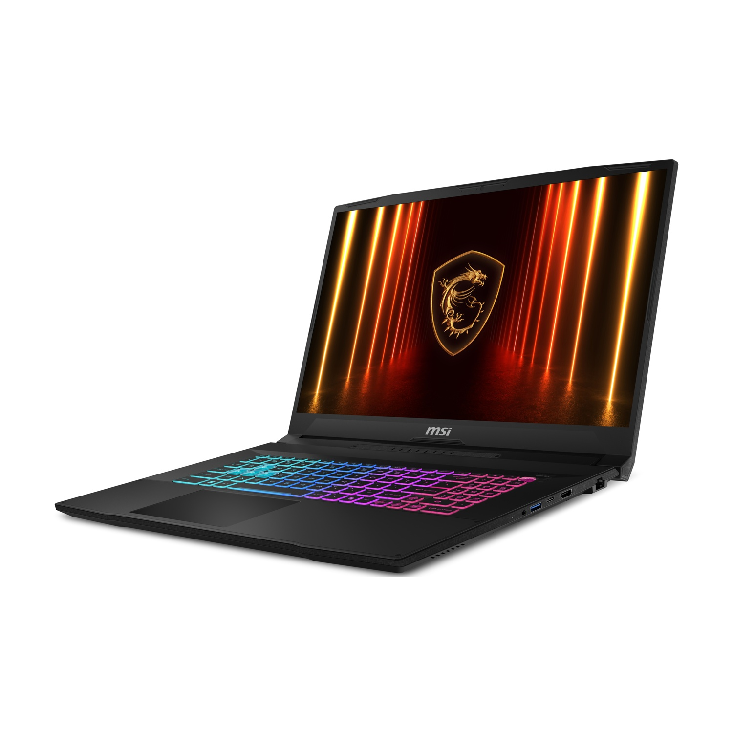 Laptop nero con tastiera colorata. Lo schermo mostra un logo e luci arancioni.