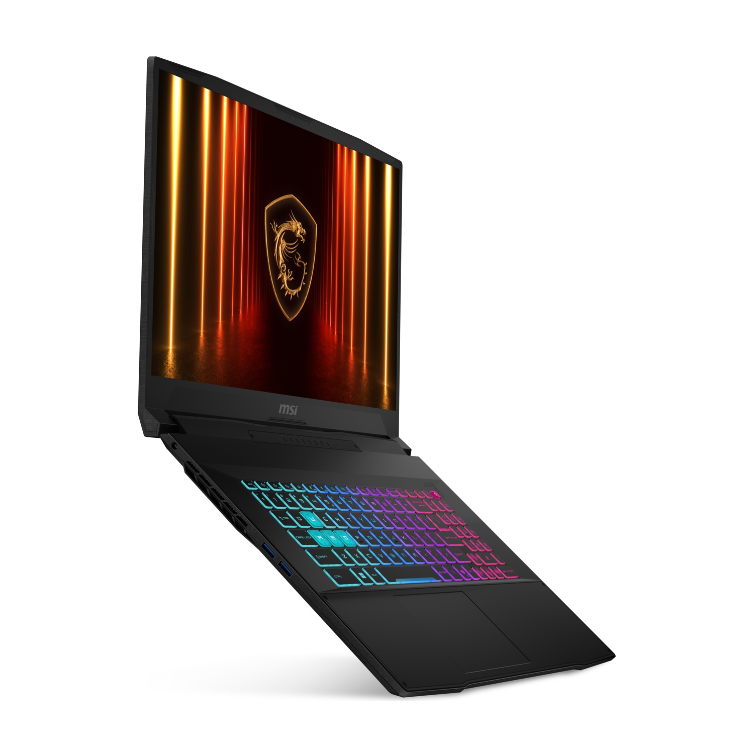 Laptop nero, aperto. Tastiera illuminata. Schermo con logo del drago. Sfondo bianco.
