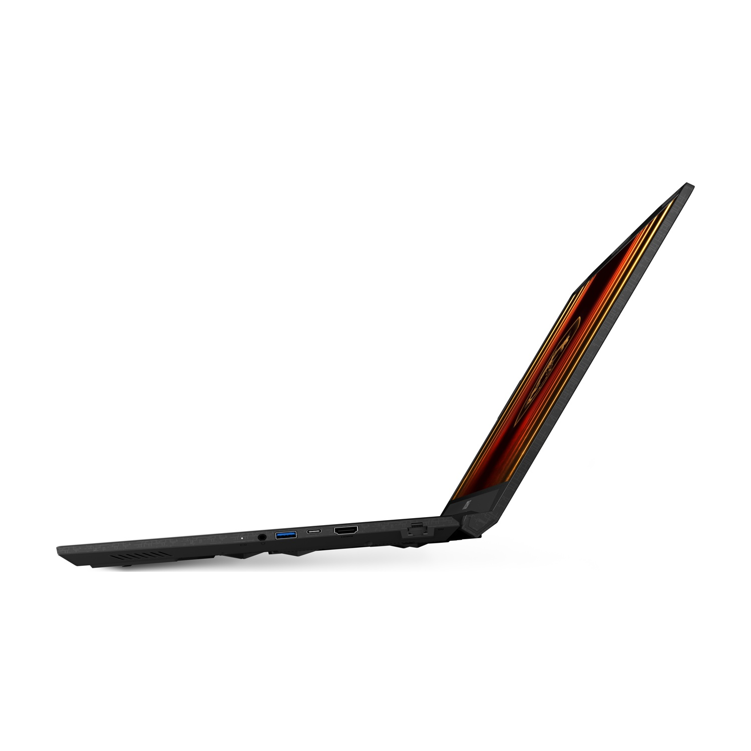 Vista laterale di un laptop nero. Schermo mostra logo e luci arancioni.