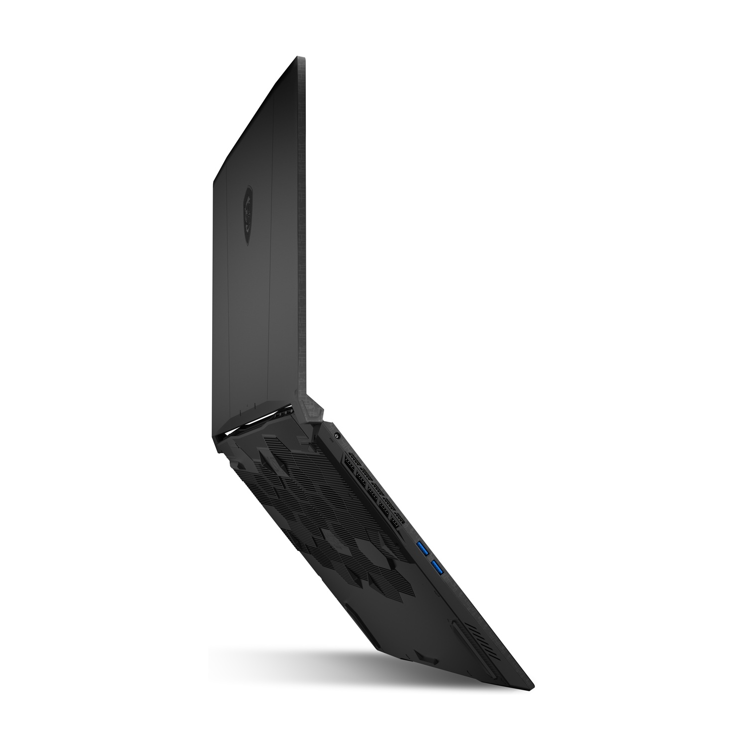 Laptop nero, vista posteriore angolata. Schermo mostra logo e luci arancioni.