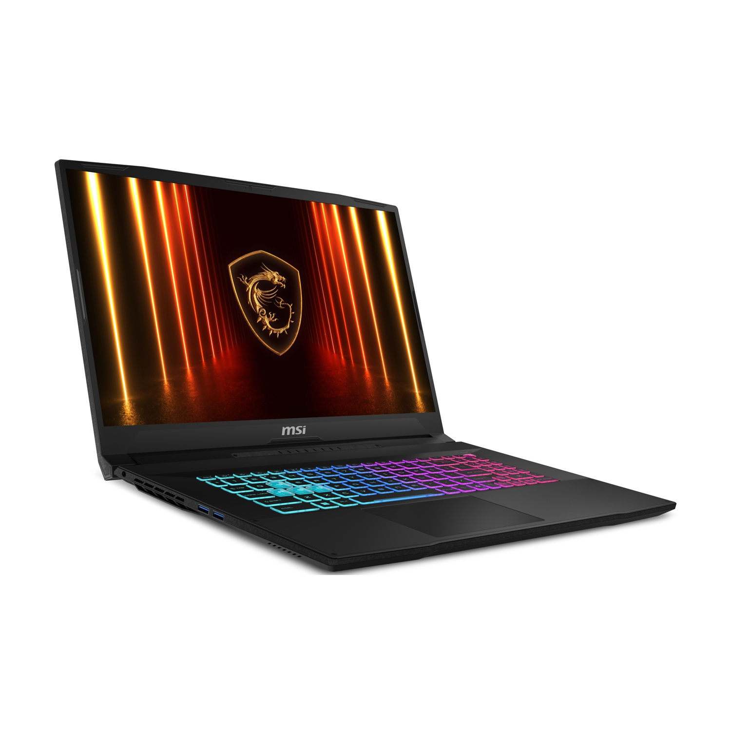 Laptop nero, aperto. Tastiera illuminata. Schermo con logo del drago. Sfondo bianco.