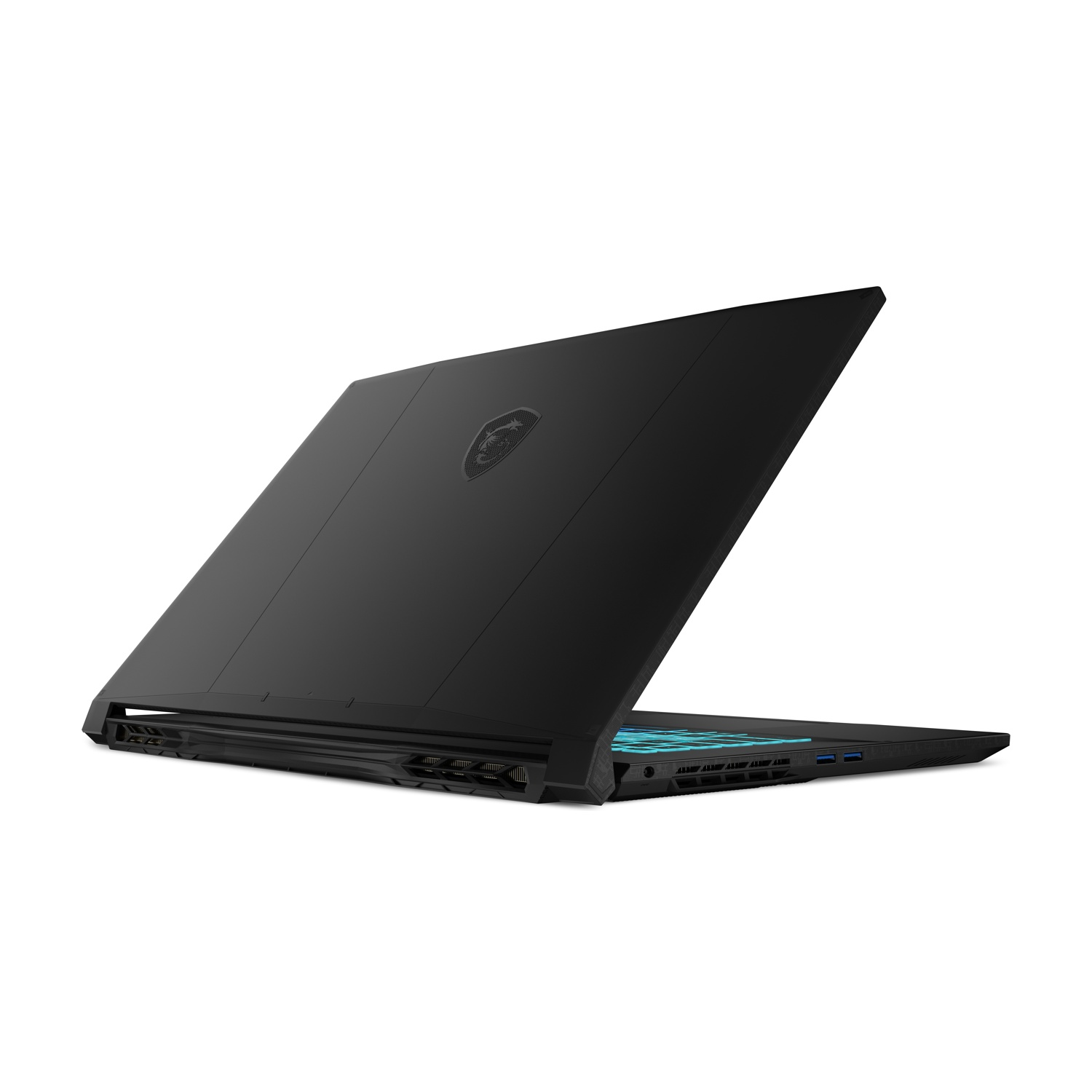 Laptop nero, vista posteriore, leggermente aperto. Schermo spento. Sfondo bianco.