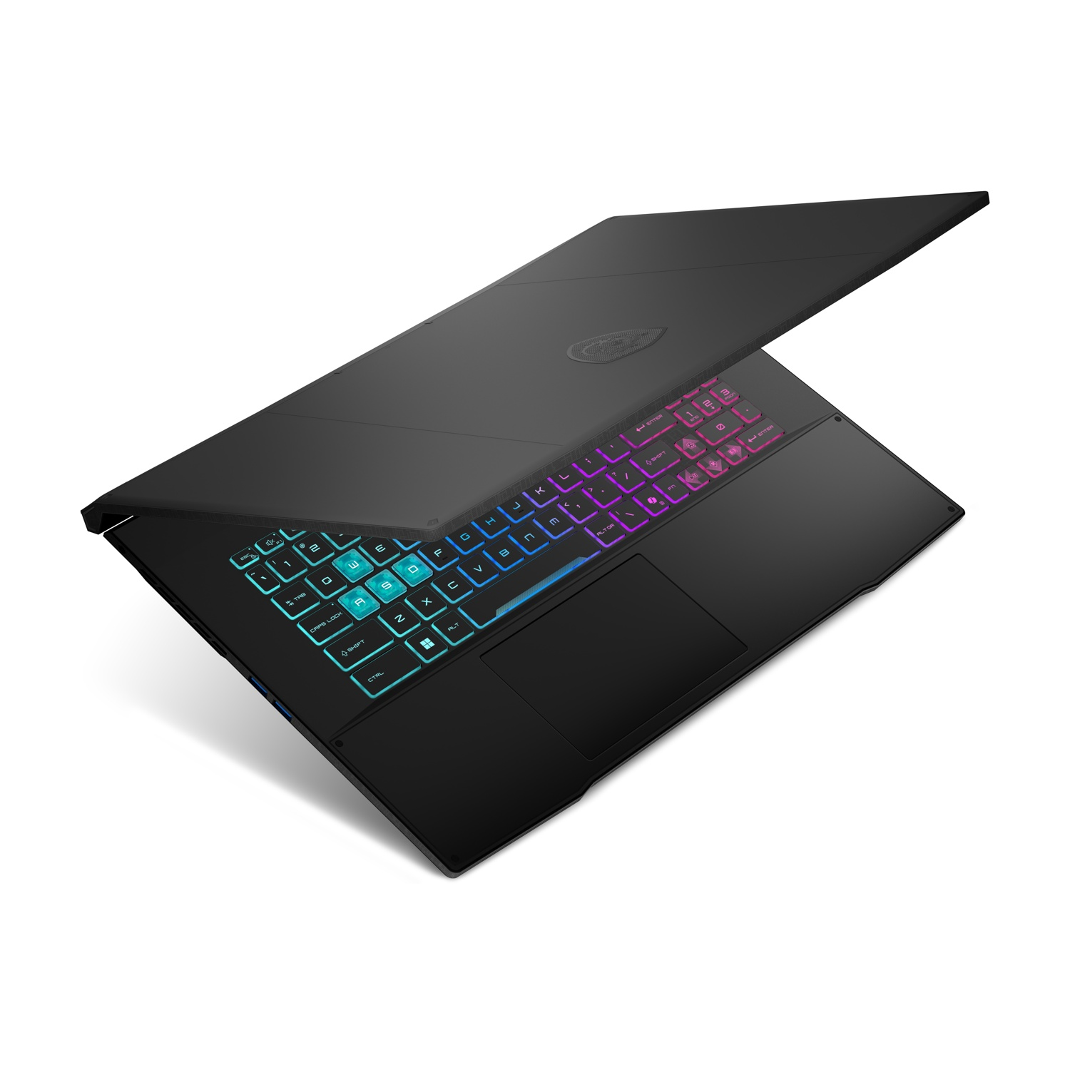 Laptop nero, vista angolata, che mostra la tastiera. Schermo mostra logo e luci arancioni.