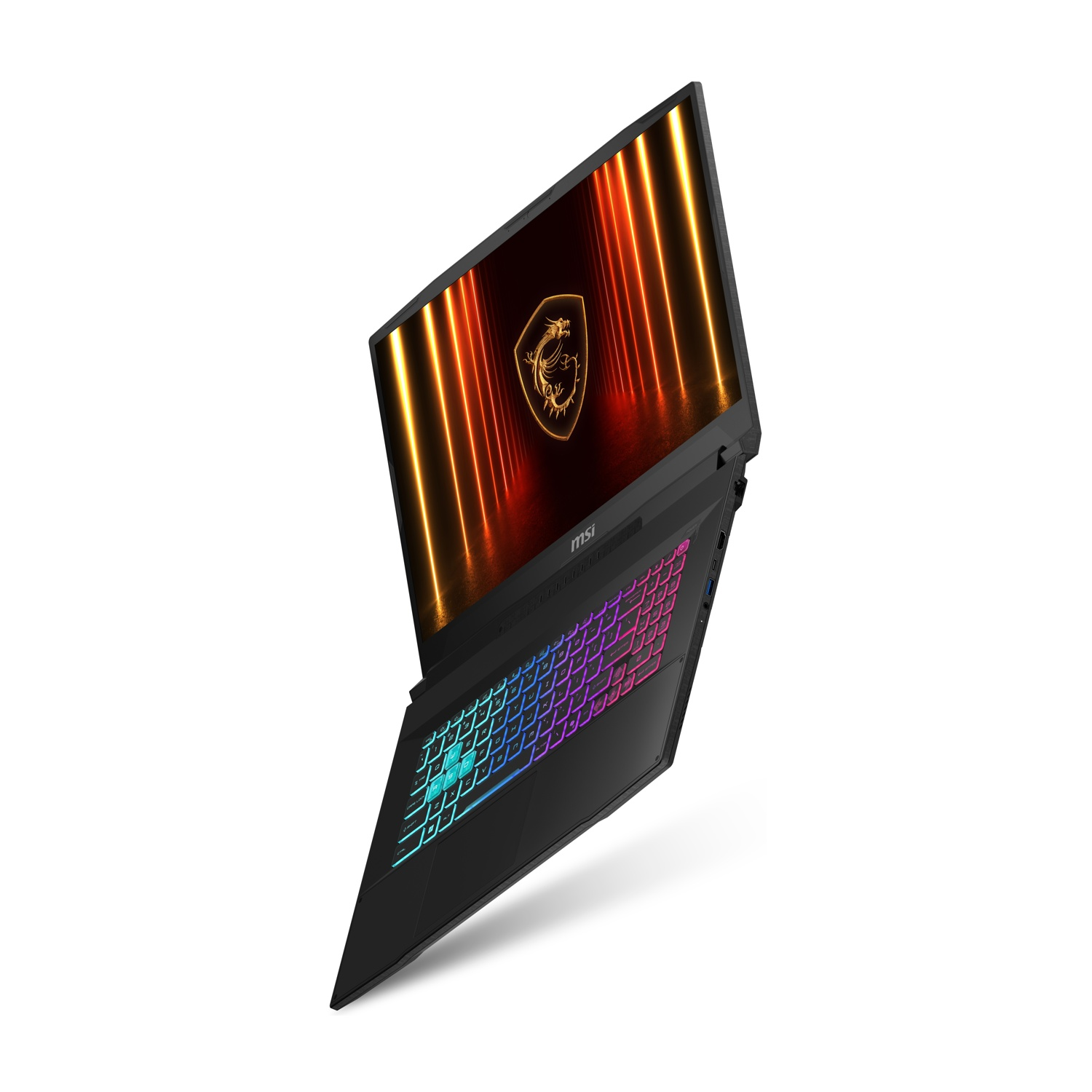 Laptop nero con tastiera illuminata a colori. Lo schermo mostra un logo.