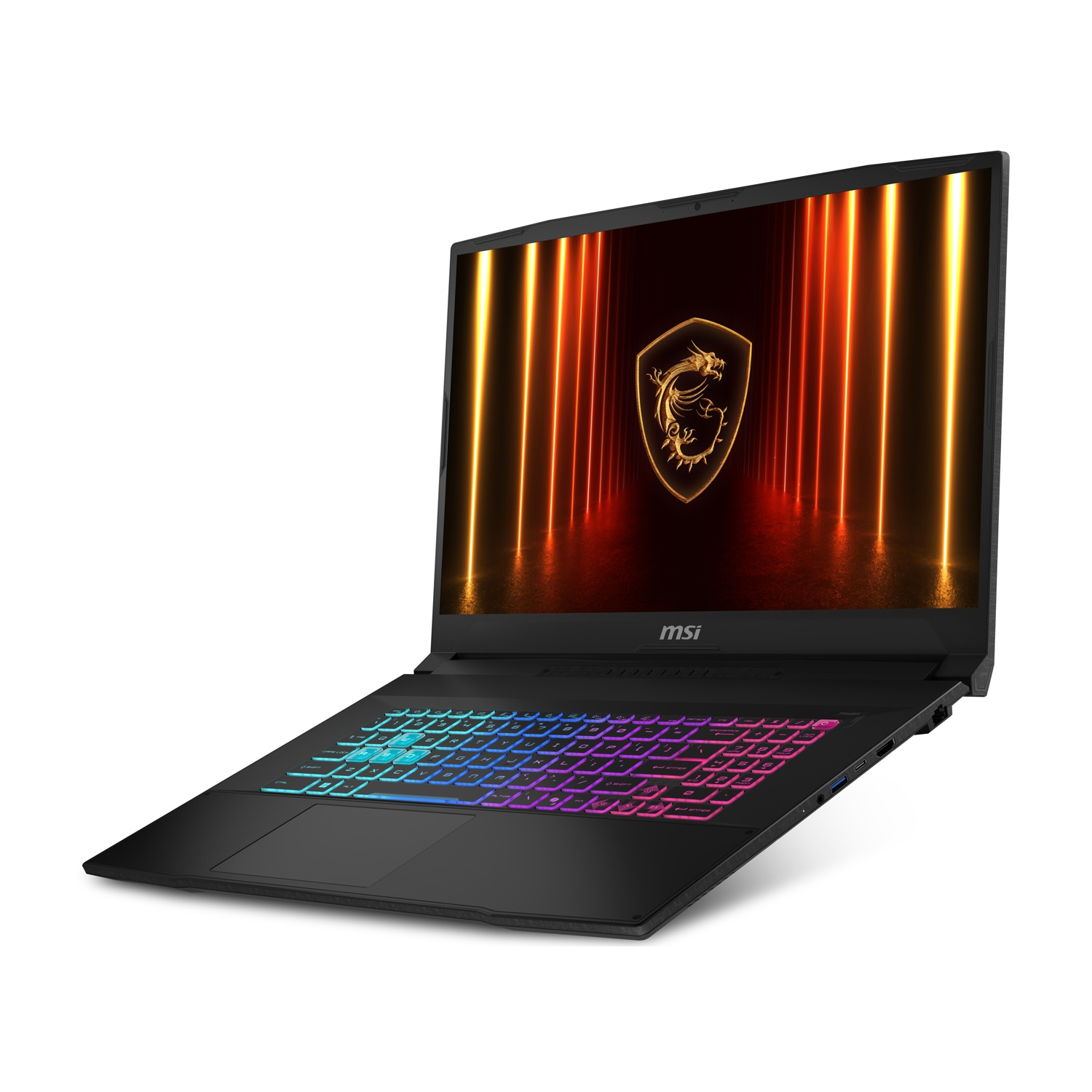 Laptop nero, aperto. Tastiera illuminata. Schermo con logo del drago. Sfondo bianco.