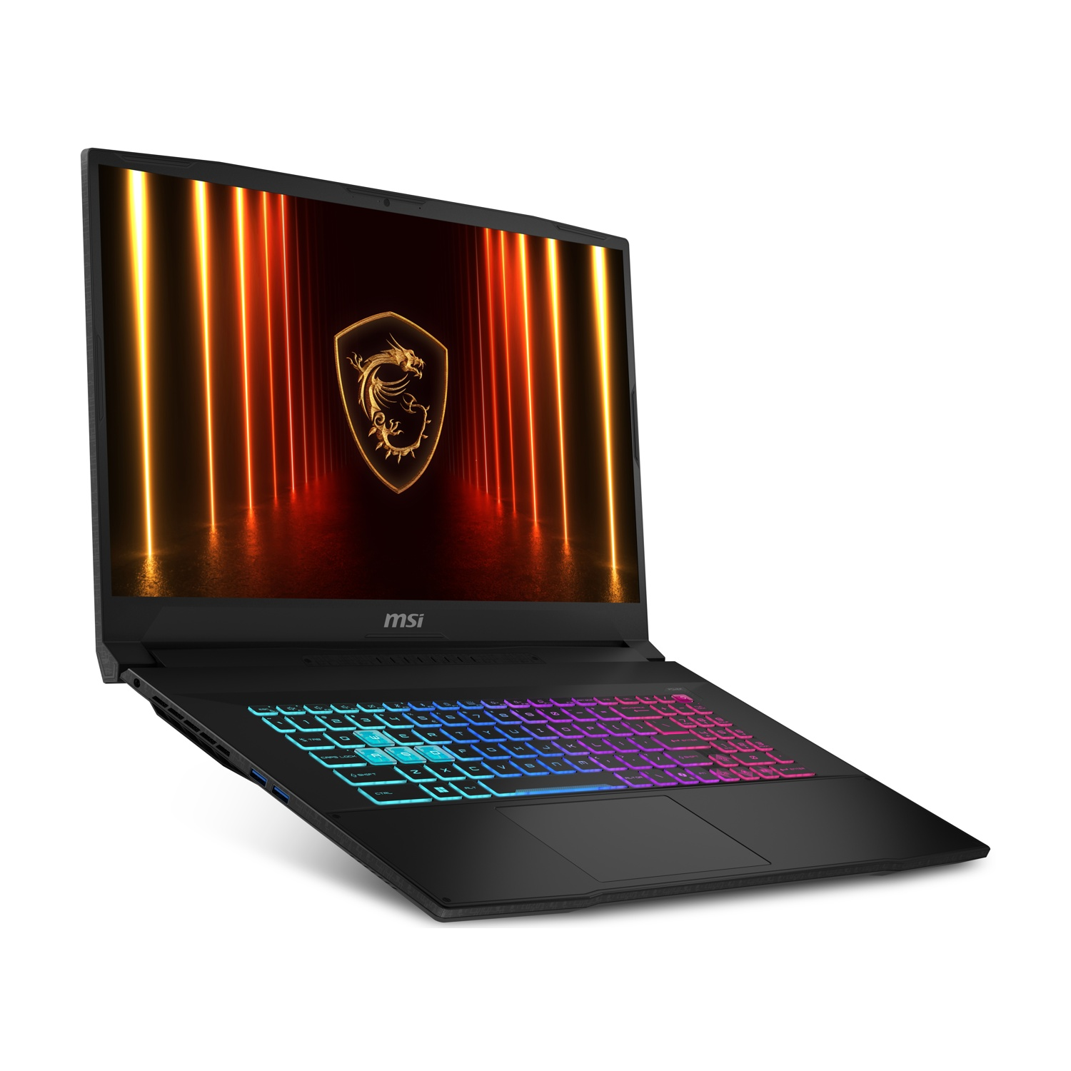 Laptop nero, aperto. Tastiera illuminata. Schermo con logo del drago. Sfondo bianco.