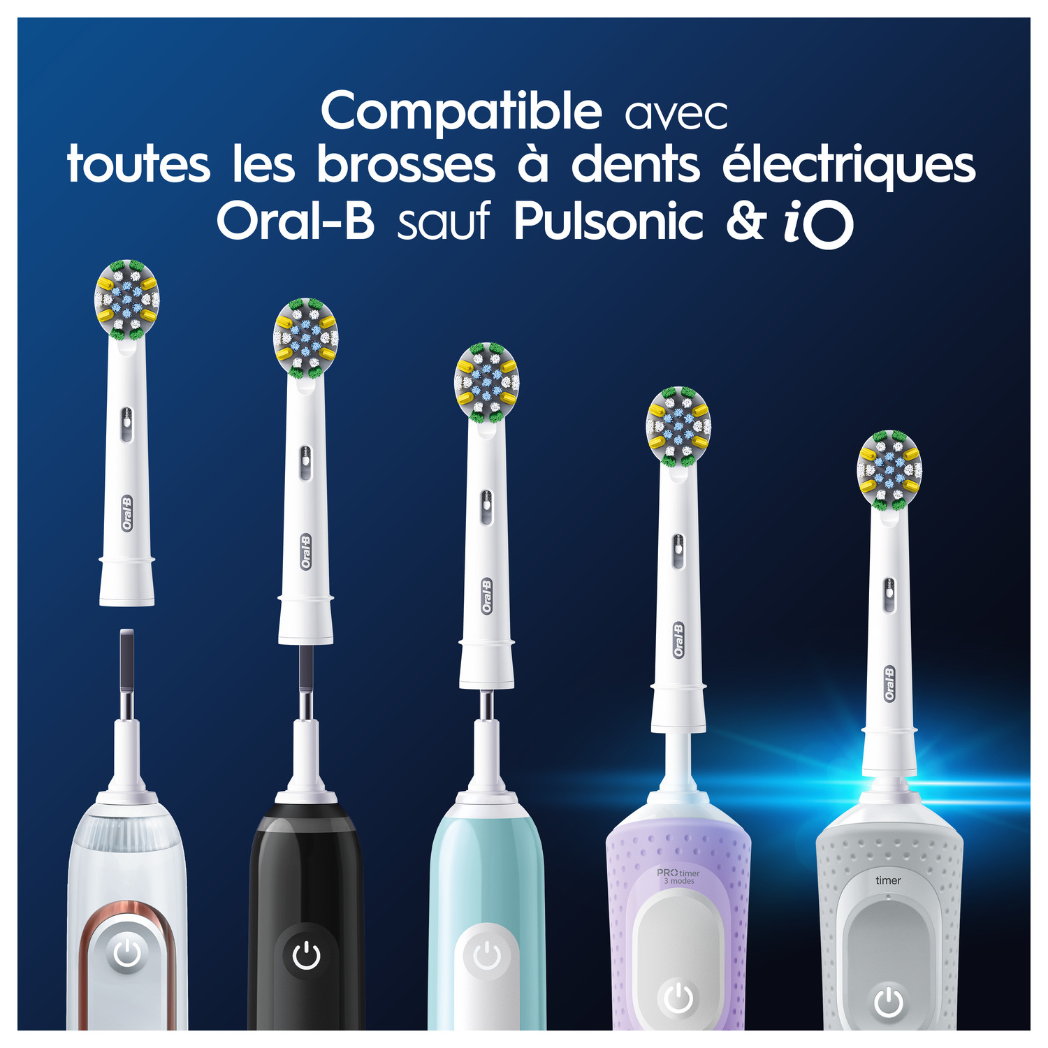 Têtes de brosse et brosses à dents électriques. Texte : Compatible avec les brosses à dents électriques Oral-B, sauf Pulsonic et iO.