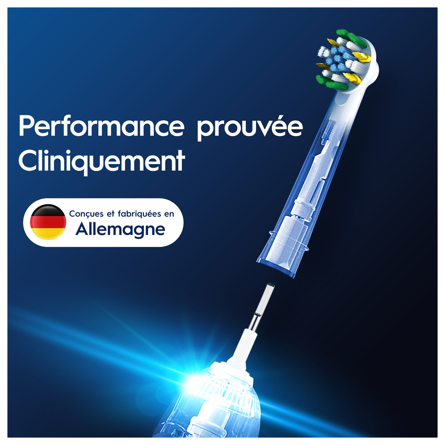 Gros plan d'une tête de brosse à dents. Texte : Performances cliniquement prouvées. Fabriqué en Allemagne.