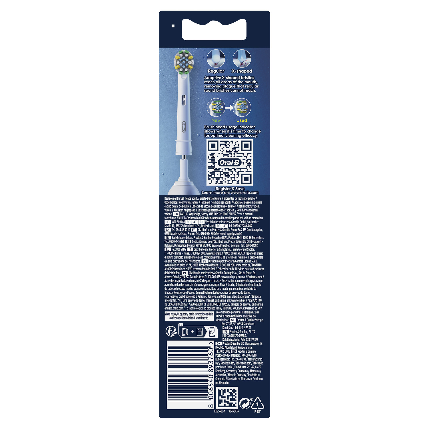 Achterkant van een tandenborstelkopverpakking met tekst, QR-code en productinformatie in meerdere talen.