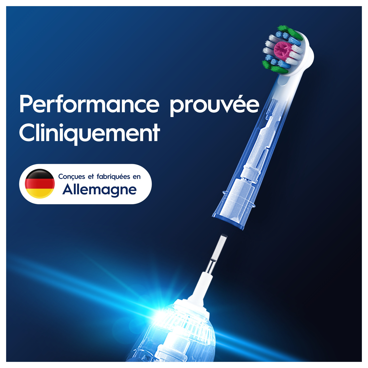 Gros plan d'une tête de brosse à dents. Texte : Performances cliniquement prouvées. Fabriqué en Allemagne.