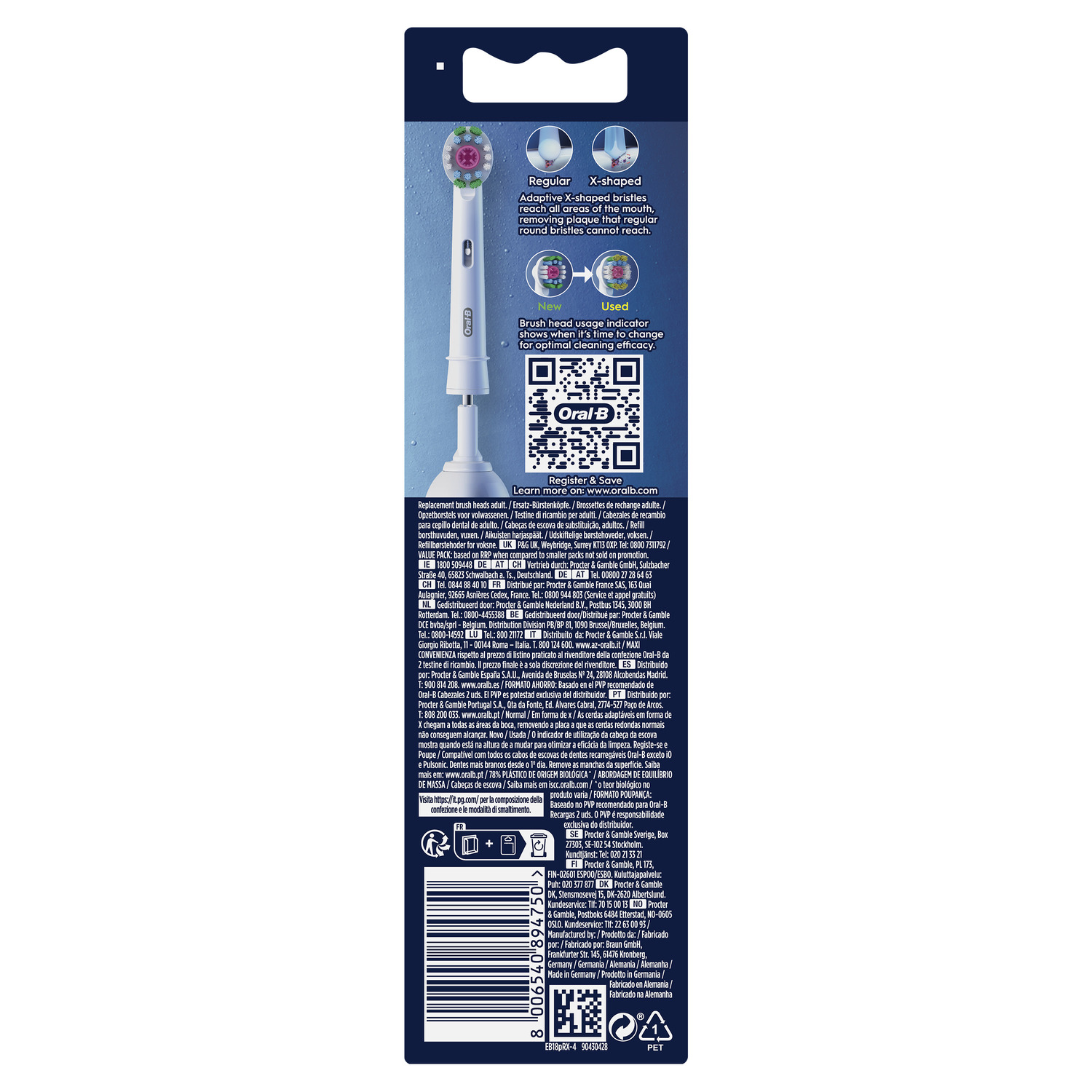 Dos d'un emballage de tête de brosse à dents Oral-B. Fond blanc avec texte et images.