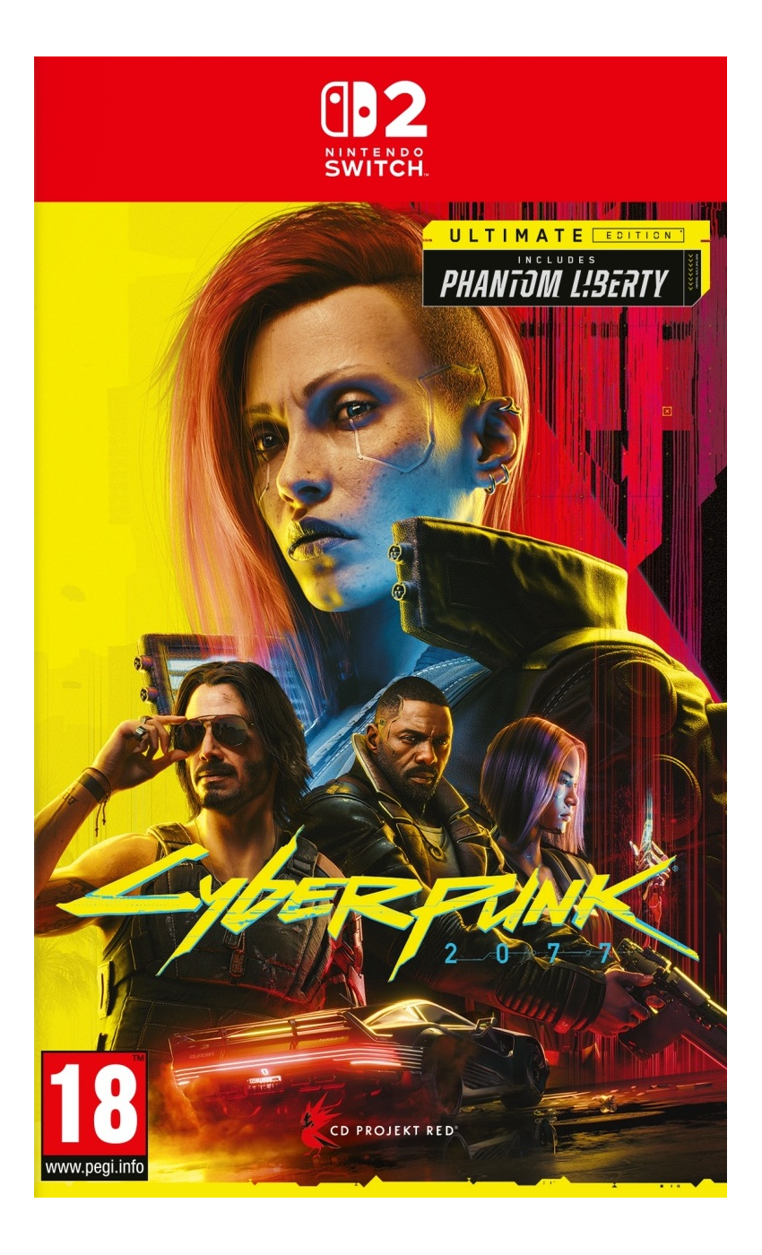 Custodia del gioco Cyberpunk 2077 Ultimate Edition per Nintendo Switch. Personaggi sulla copertina, sfondo giallo.