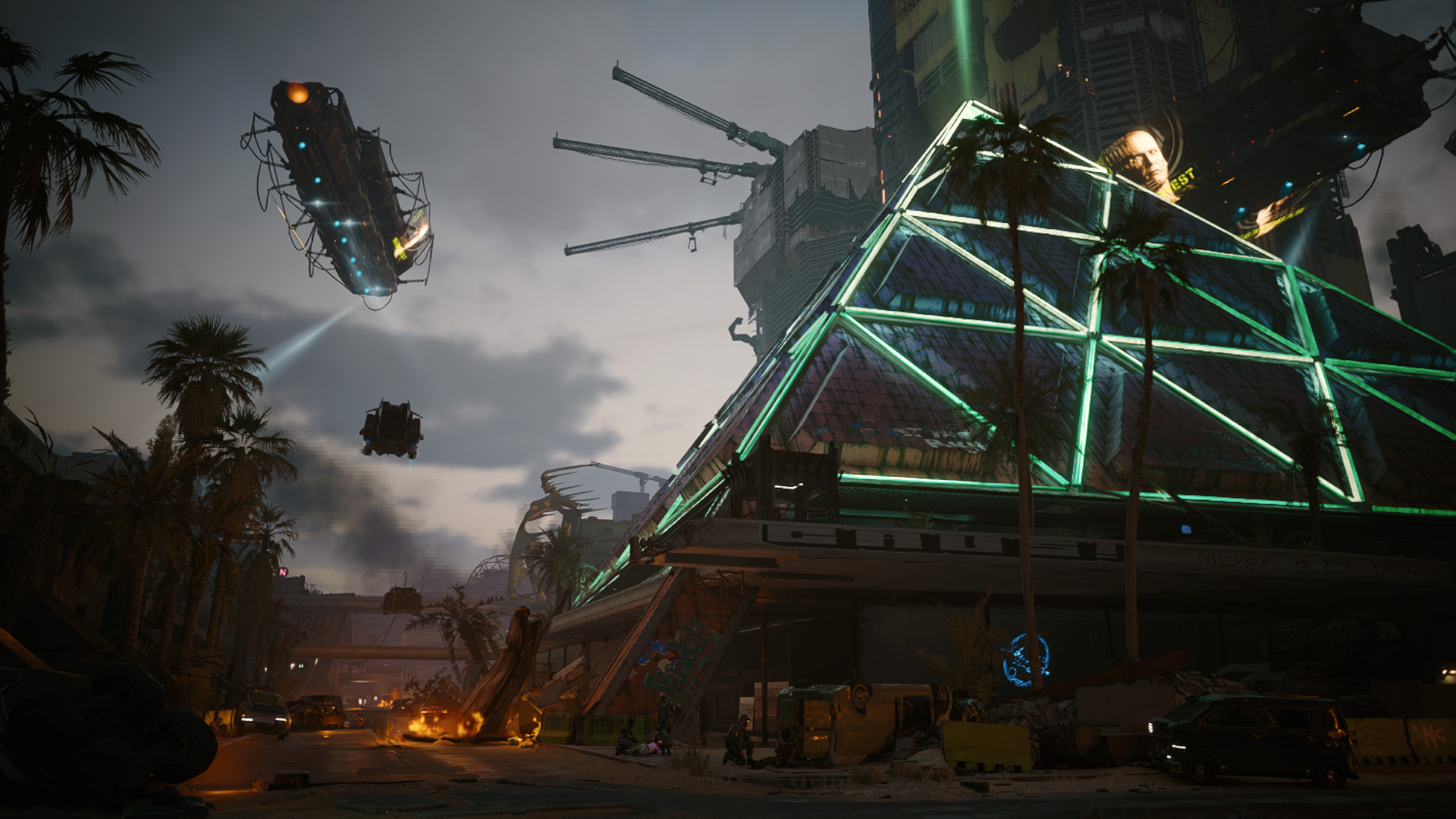 Eine futuristische Stadt mit Flugzeugen und Neonlichtern. Palmen und Gebäude sind in der Szene.