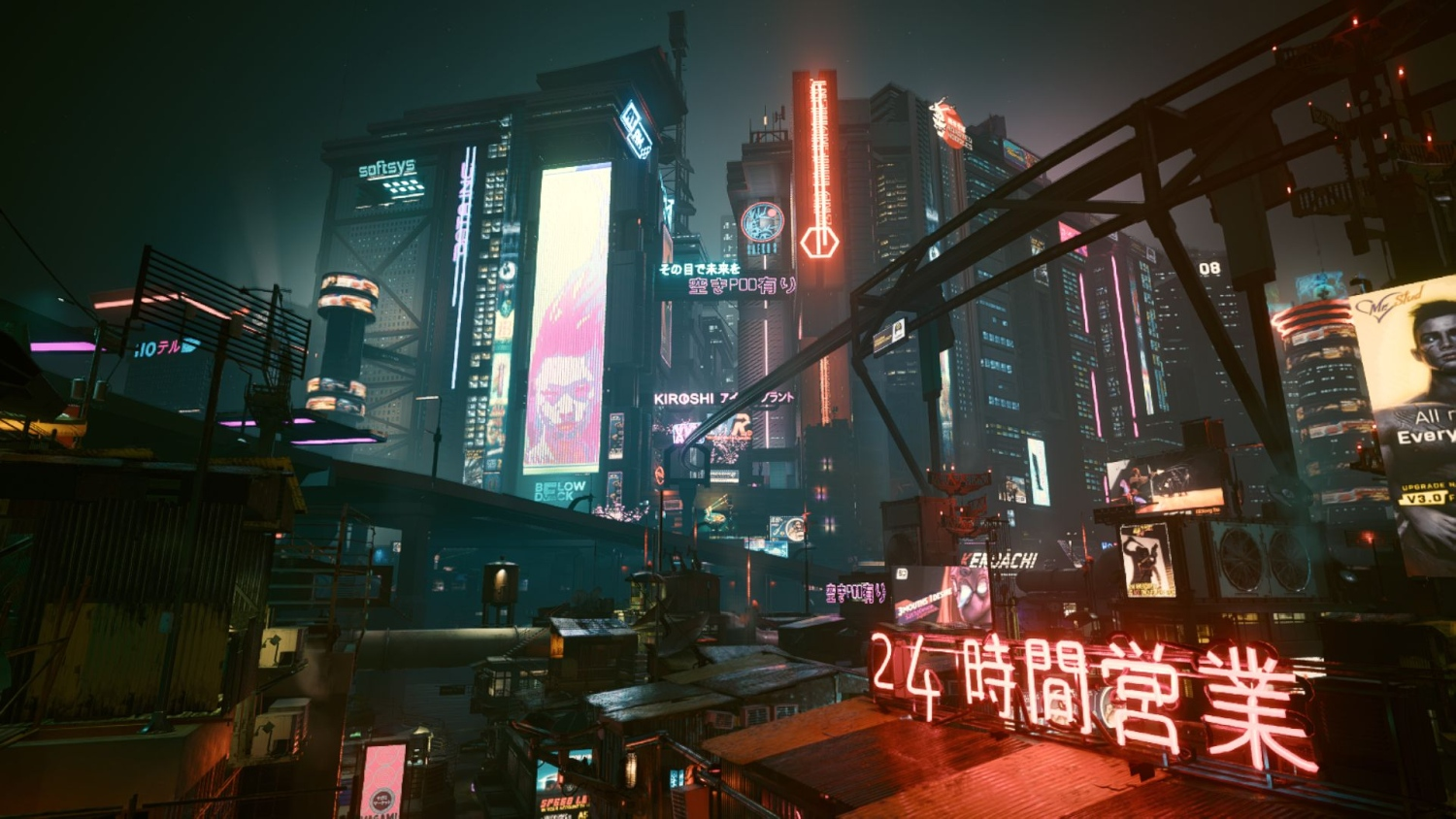 Eine Cyberpunk-Stadt bei Nacht, mit Neonreklamen und hoch aufragenden Gebäuden. Regen und Nebel sind vorhanden.