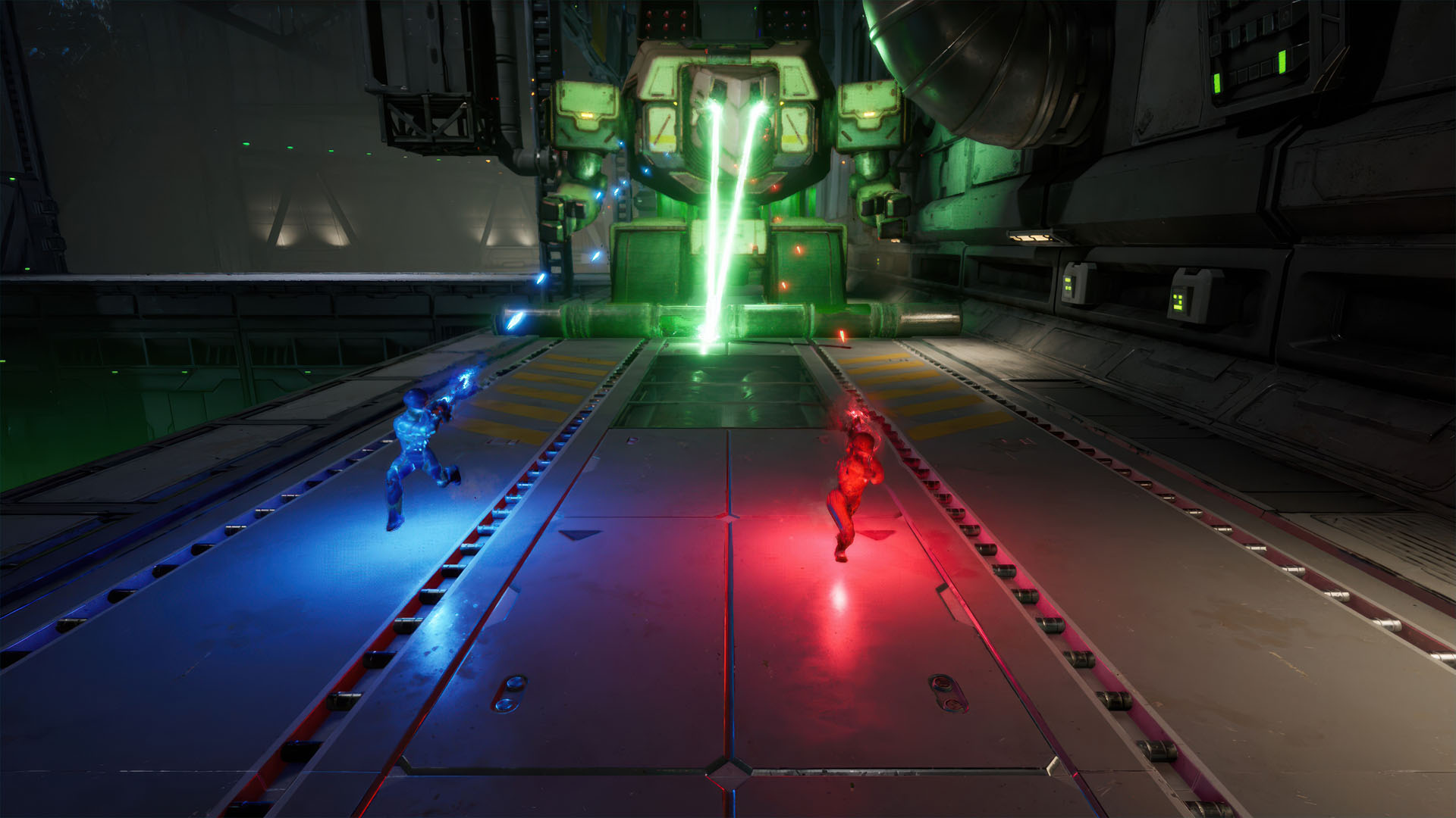 Due figure corrono verso un robot gigante con laser. La scena è futuristica e al chiuso.