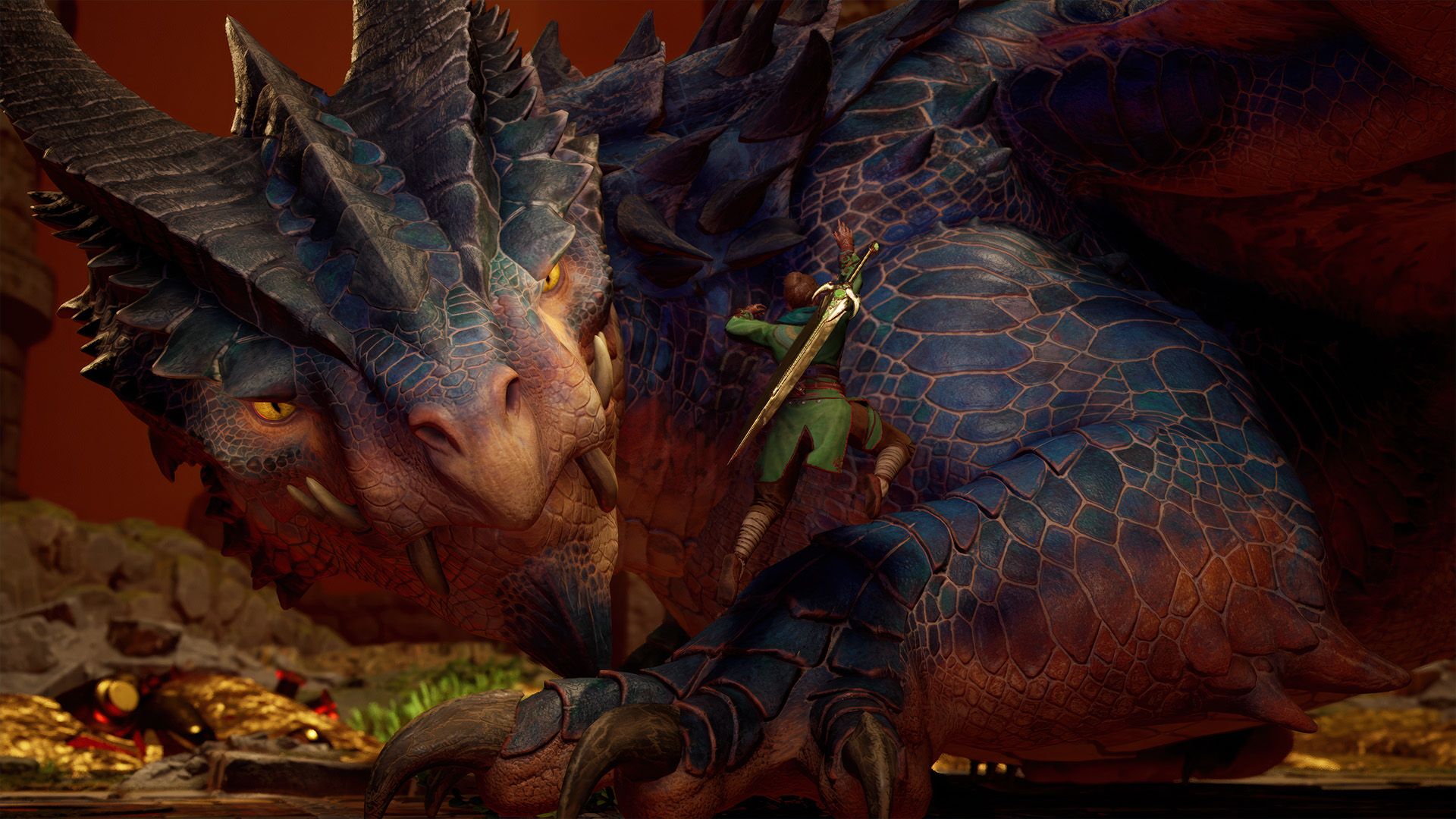 Una persona con una spada sta salendo su un drago blu. Il drago ha grandi corna e denti.