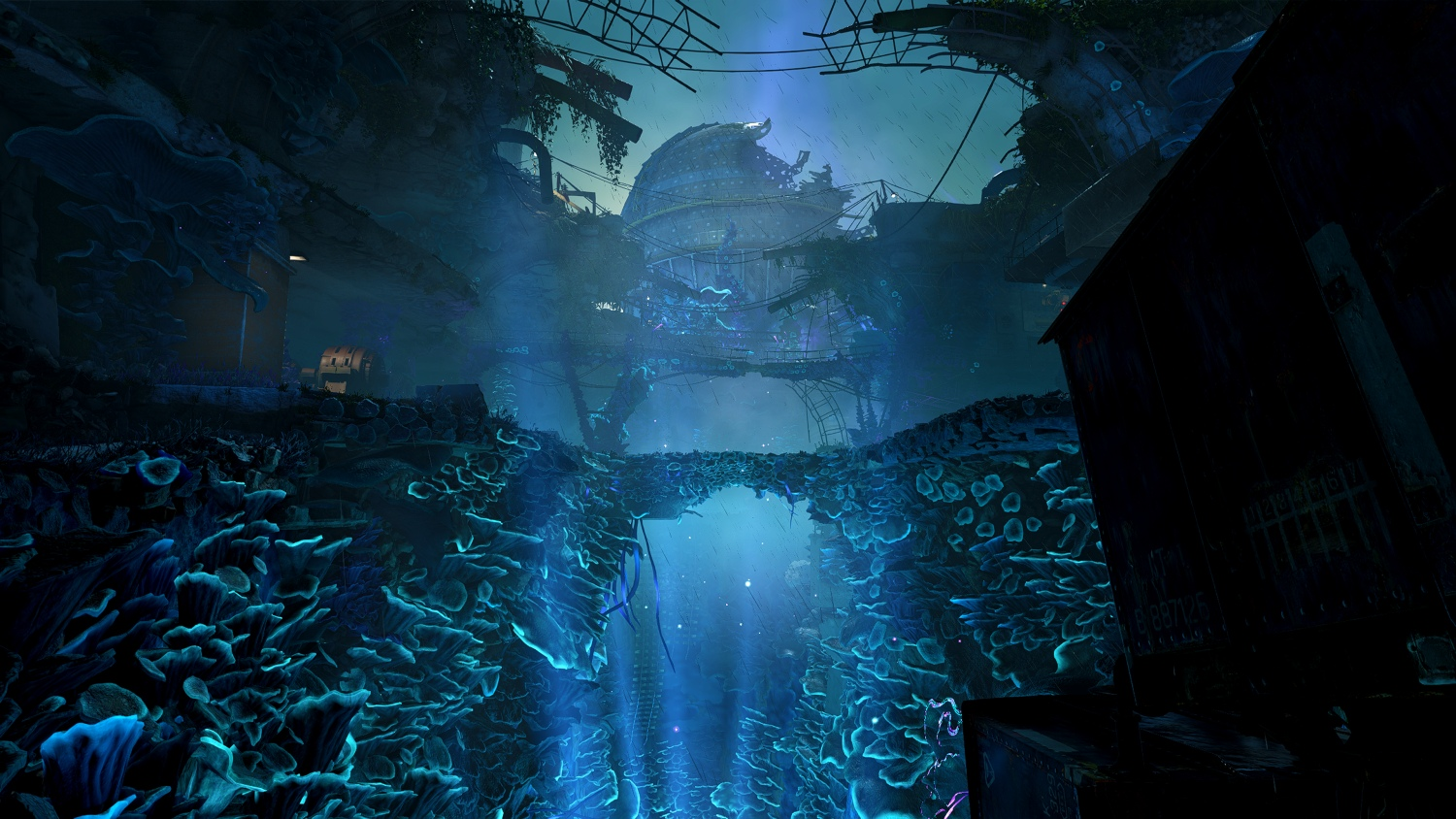 Una scena oscura e surreale con strutture organiche blu luminose e una grande cupola danneggiata.