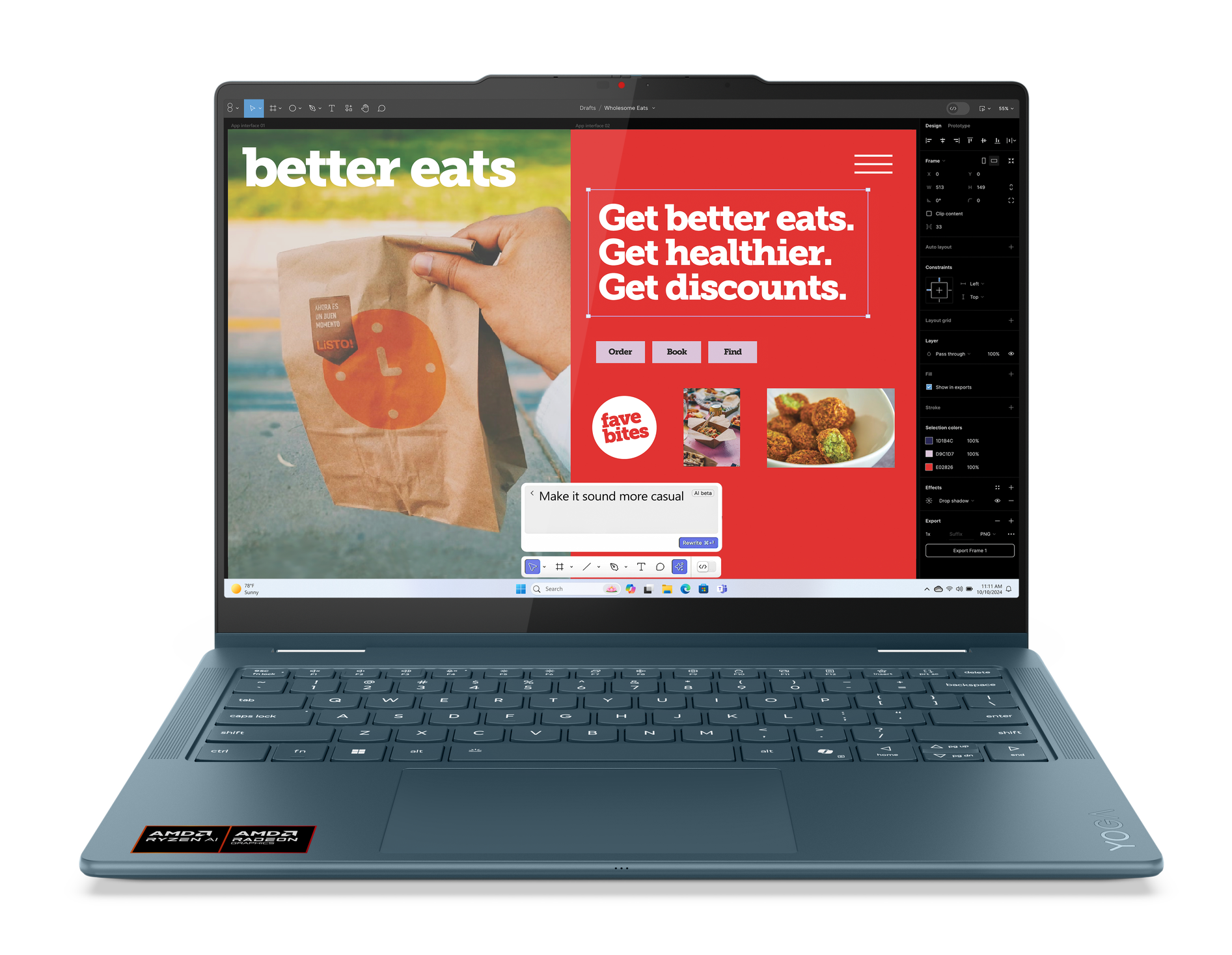 Niebieski laptop Lenovo z otwartą stroną internetową, wyświetlający witrynę zamówień online.