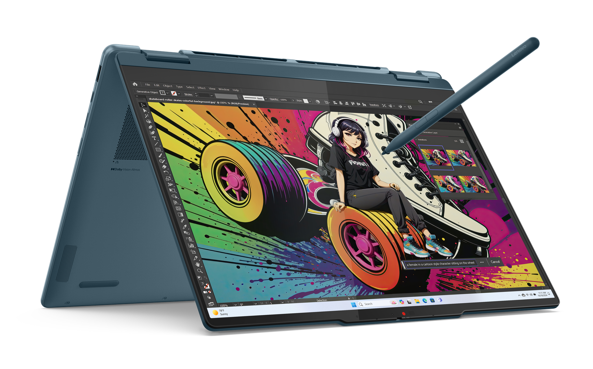 Niebieski laptop Lenovo pokazujący cyfrowy projekt graficzny na ekranie, z rysikiem.