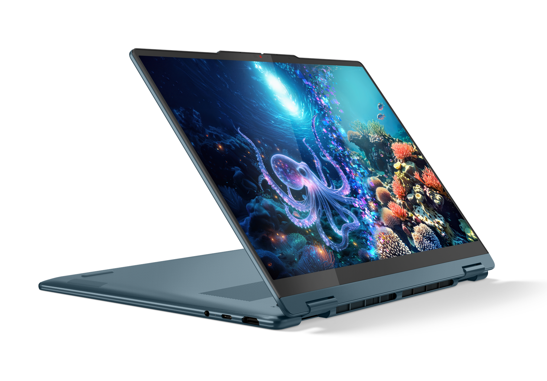 Niebieski laptop Lenovo wyświetlający podwodną scenę z ośmiornicą na ekranie.