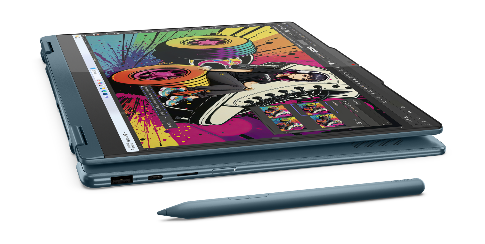 Niebieski laptop Lenovo z cyfrowym projektem graficznym na ekranie, rysik obok.