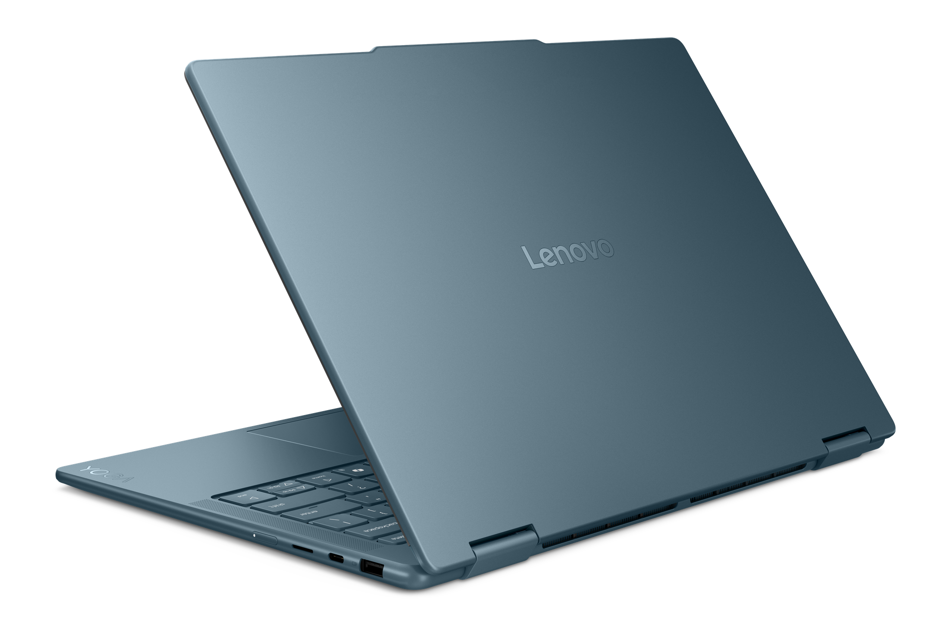 Niebieski laptop Lenovo, widok z tyłu, pokazujący logo Lenovo na ciemnym tle.