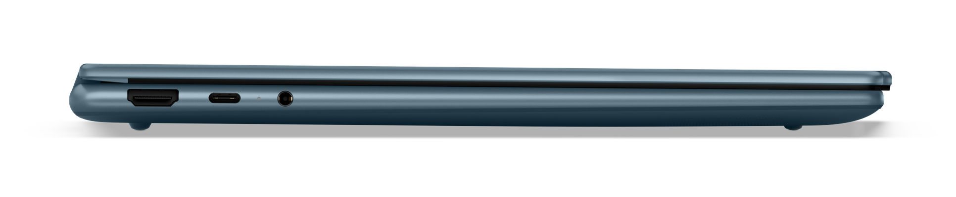 Widok z boku niebieskiego laptopa Lenovo, pokazujący porty i port ładowania.