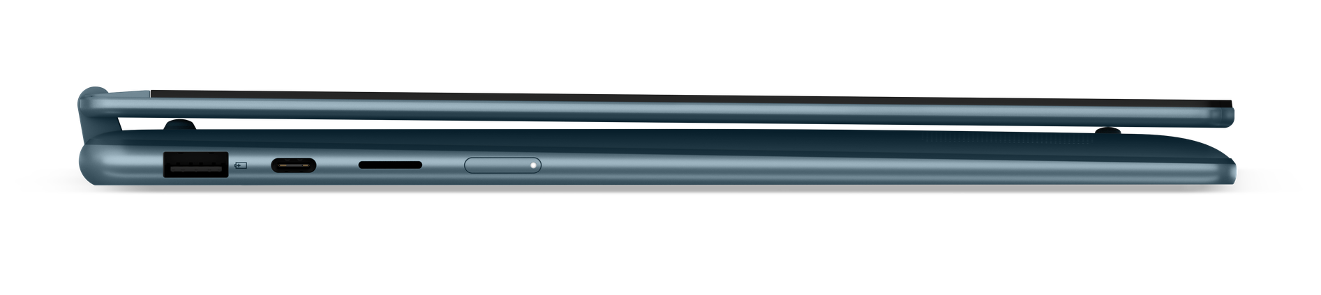 Widok z boku niebieskiego laptopa Lenovo pokazujący porty USB i czytnik kart.