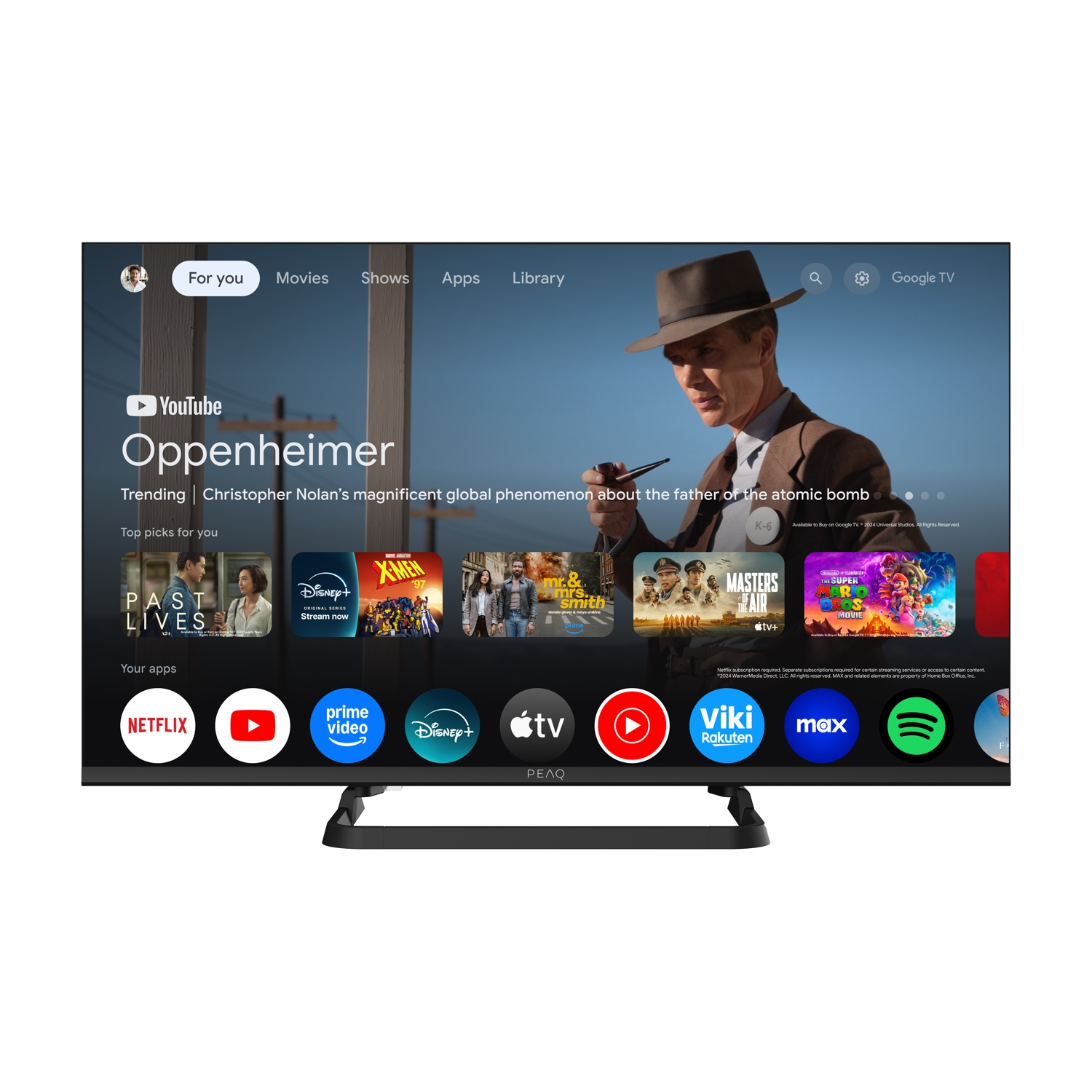 Un televisore mostra Oppenheimer, app di film e altri servizi di streaming.